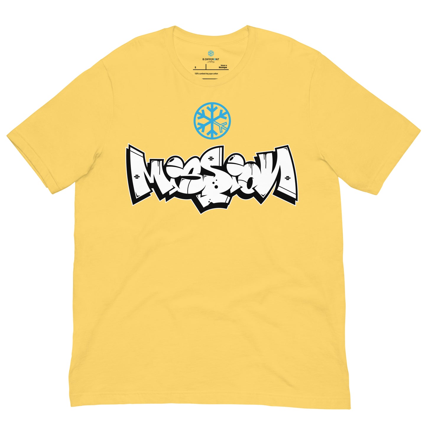 Yellow-Mission Graffiti Piece Tee from B.Different Clothing, front view, graffiti-inspired streetwear t-shirt