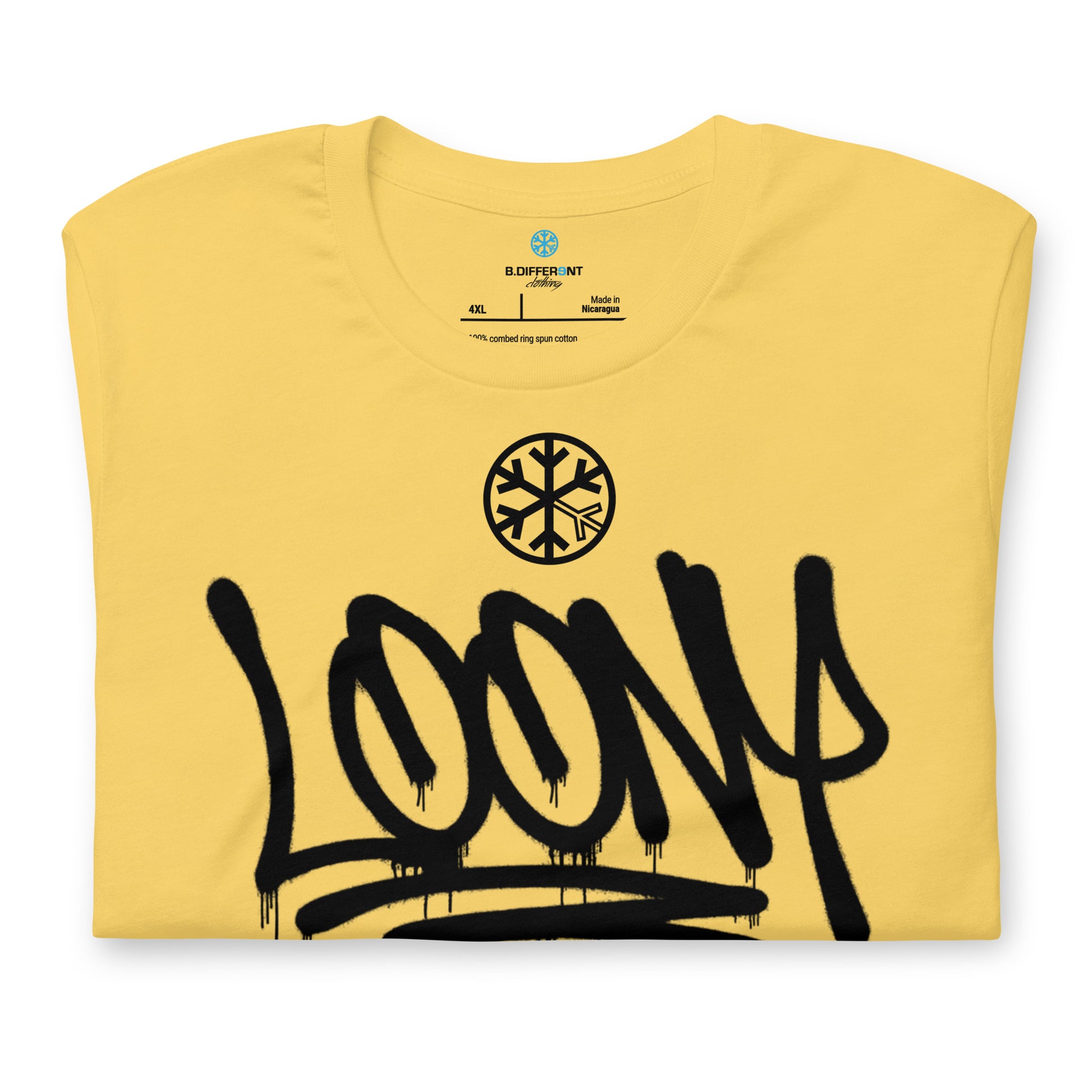 Yellow-Loony Graffiti Tag Tee from B.Different Clothing, folded, graffiti-inspired streetwear t-shirt