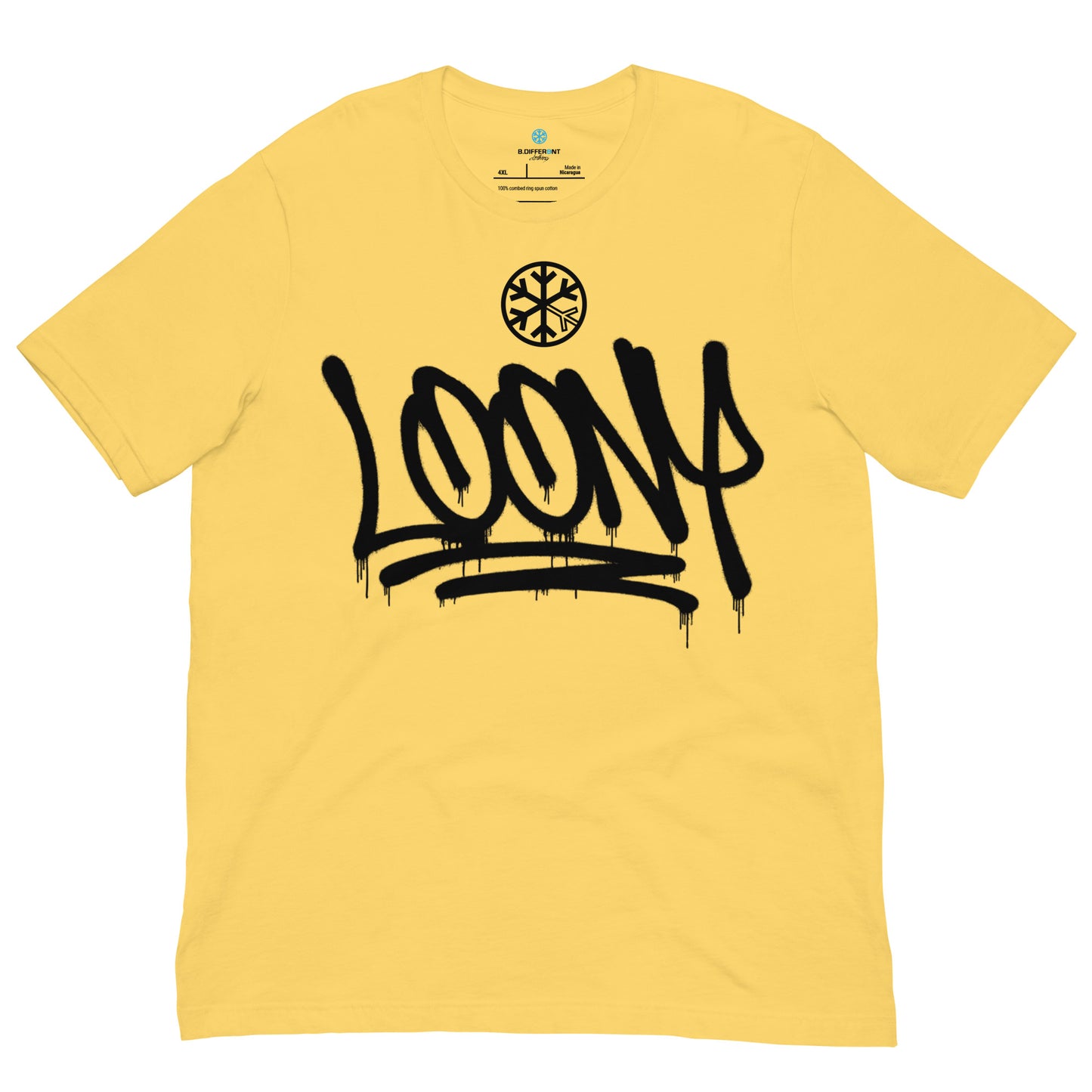 Yellow-Loony Graffiti Tag Tee from B.Different Clothing, front view, graffiti-inspired streetwear t-shirt
