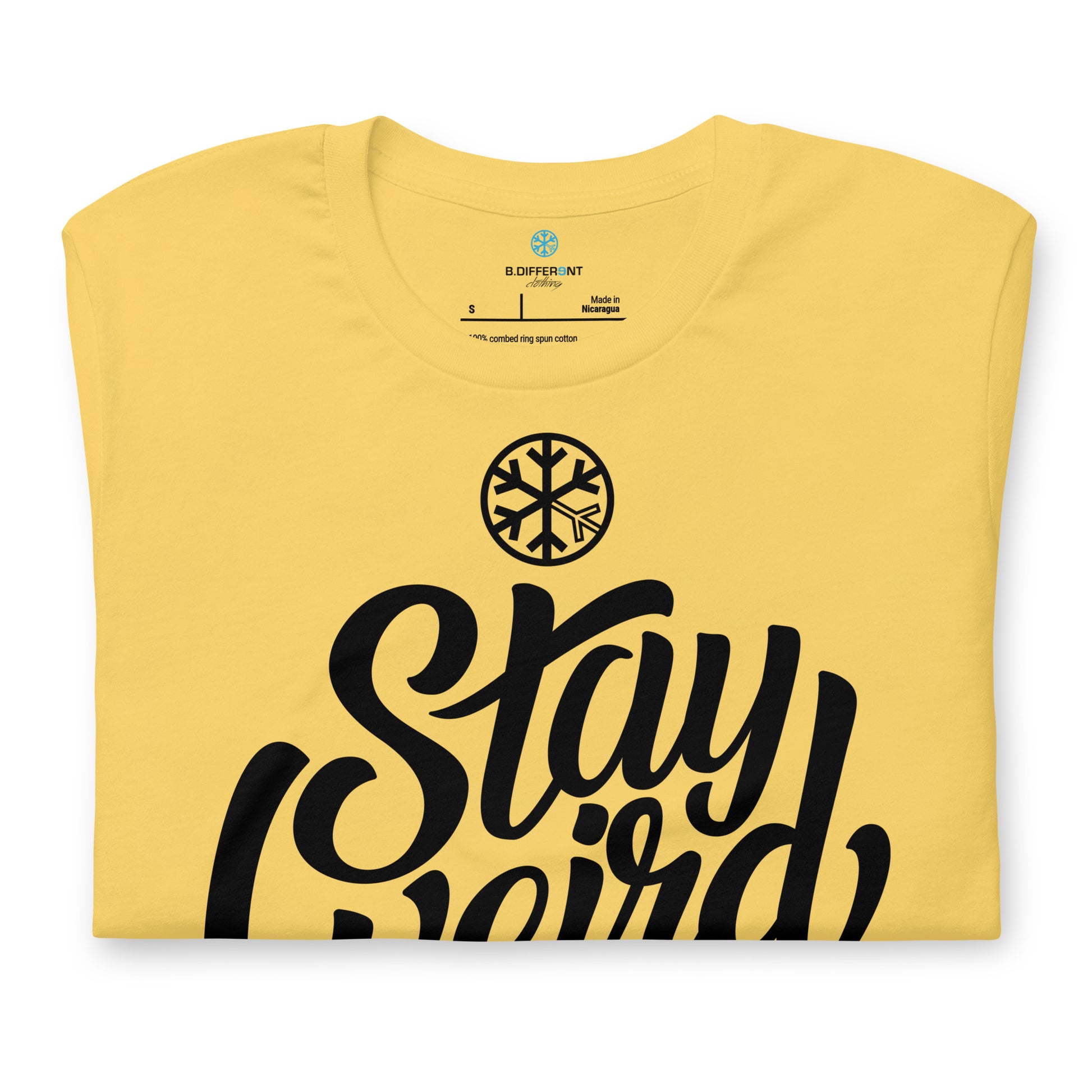 Yellow-Stay Weird Tee from B.Different Clothing, folded, graffiti-inspired streetwear t-shirt