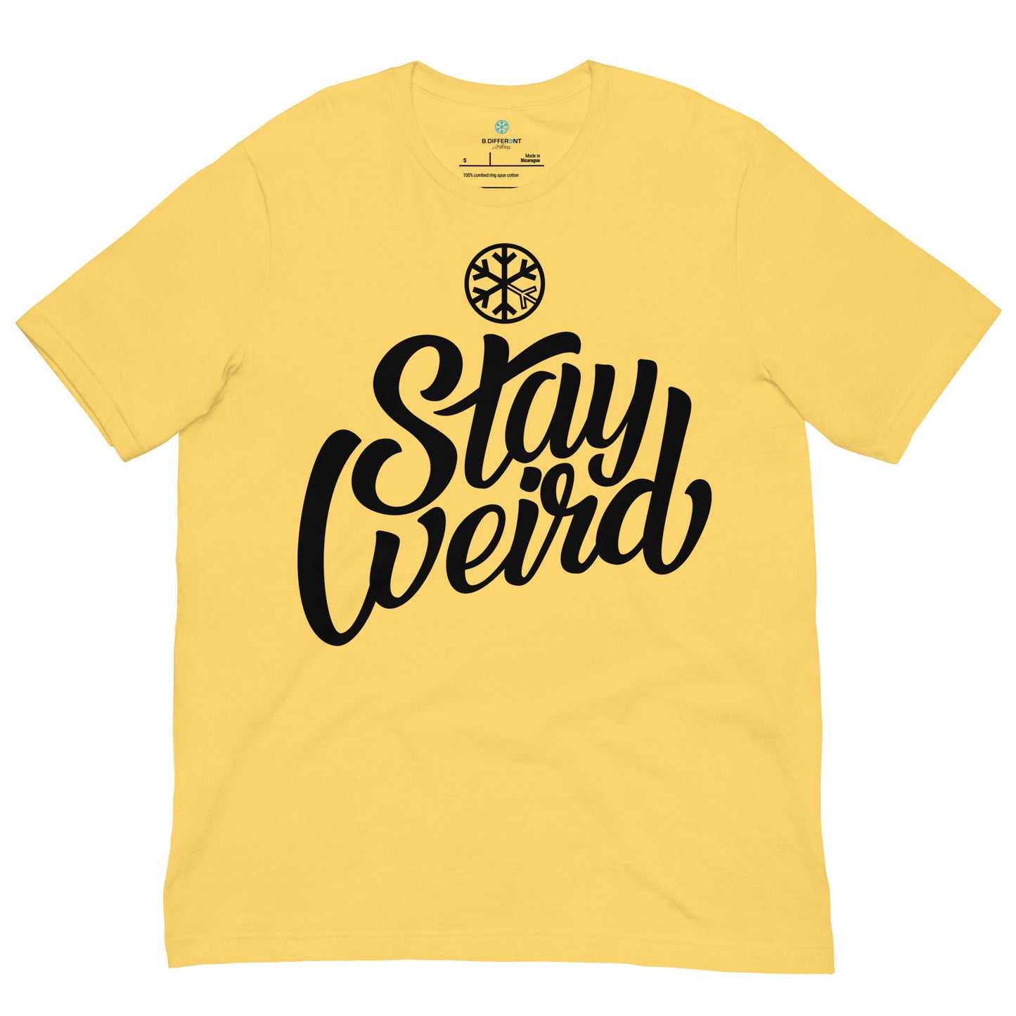 Yellow-Stay Weird Tee from B.Different Clothing, front view, graffiti-inspired streetwear t-shirt