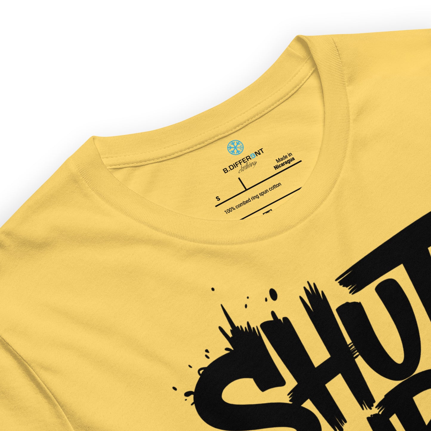 Yellow-Shut Up and Paint Graffiti Tee from B.Different Clothing, collar, graffiti-inspired streetwear t-shirt