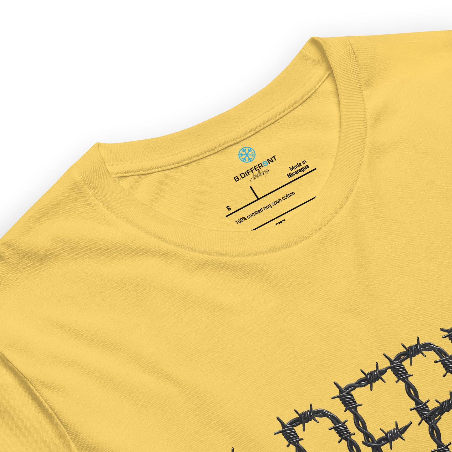 Yellow-B.DFRNT Barbed Wire Tee from B.Different Clothing, collar, graffiti-inspired streetwear t-shirt