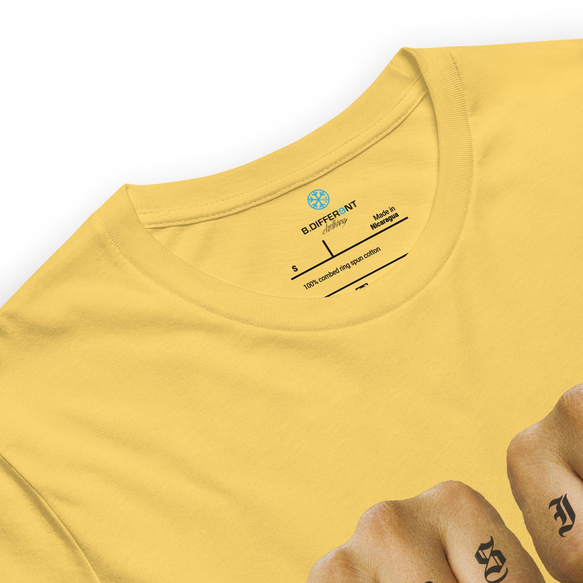 Yellow-Outsider Tattoo Tee from B.Different Clothing, collar, graffiti-inspired streetwear t-shirt