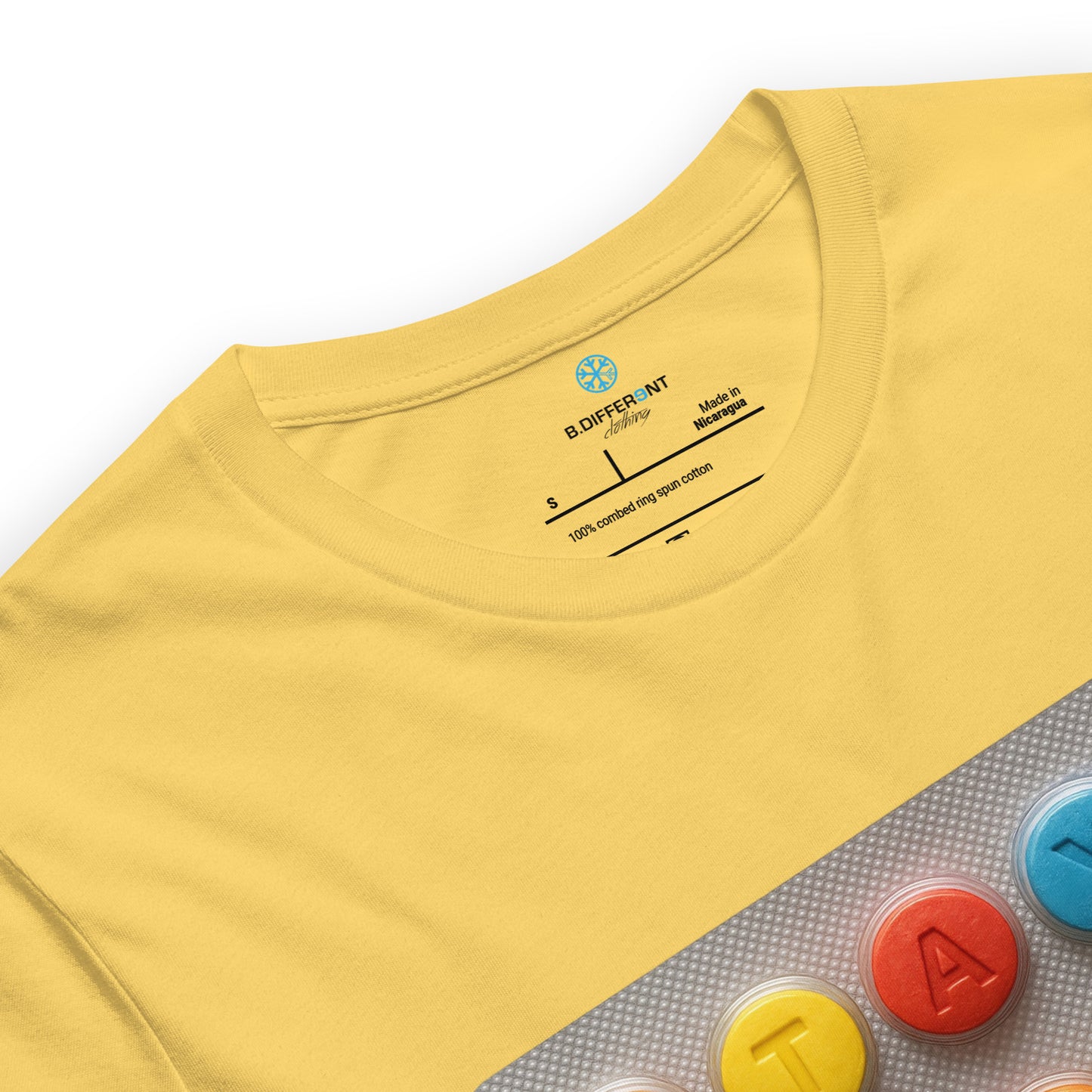 Yellow-Stay Weird Pills Tee from B.Different Clothing, collar, graffiti-inspired streetwear t-shirt