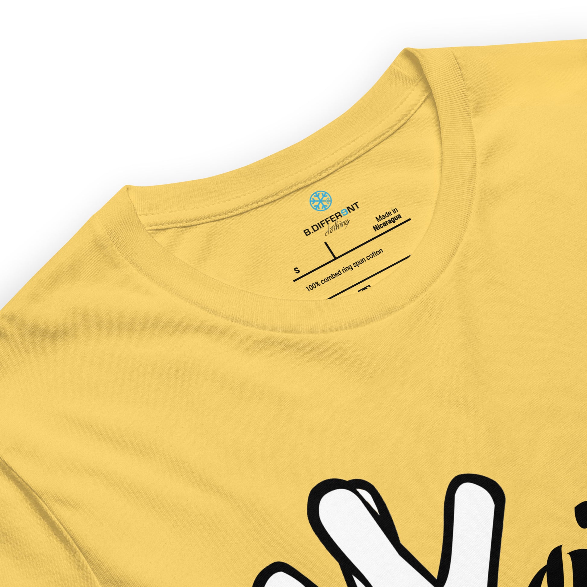 Yellow-Weirdo Hand Sign Tee from B.Different Clothing, collar, graffiti-inspired streetwear t-shirt