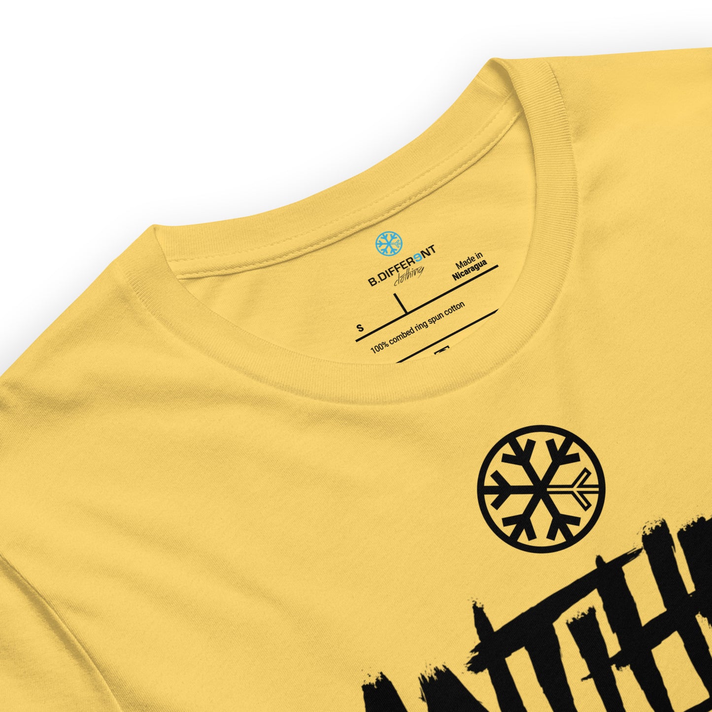 Yellow-Antihero Graffiti Tag Tee from B.Different Clothing, collar, graffiti-inspired streetwear t-shirt