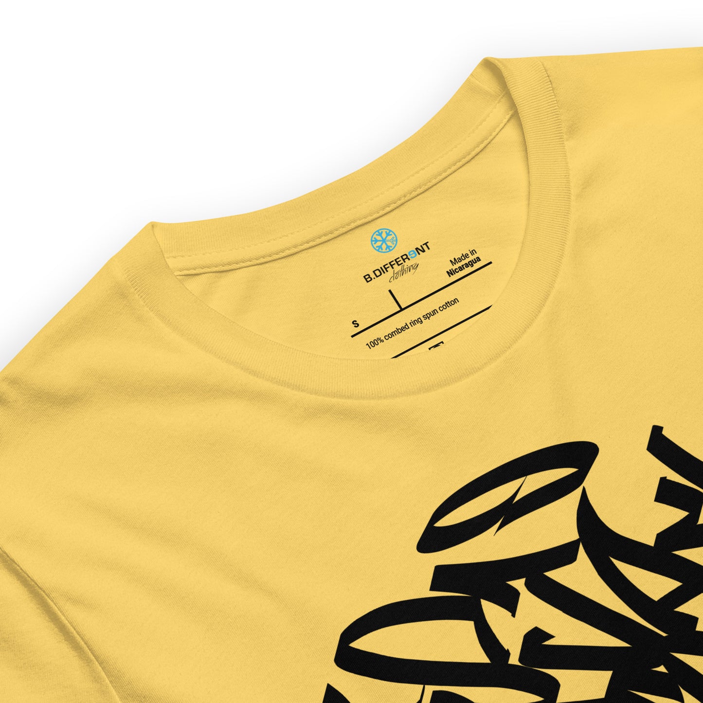 Yellow-Stay Weird Graffiti Tag Tee from B.Different Clothing, collar, graffiti-inspired streetwear t-shirt