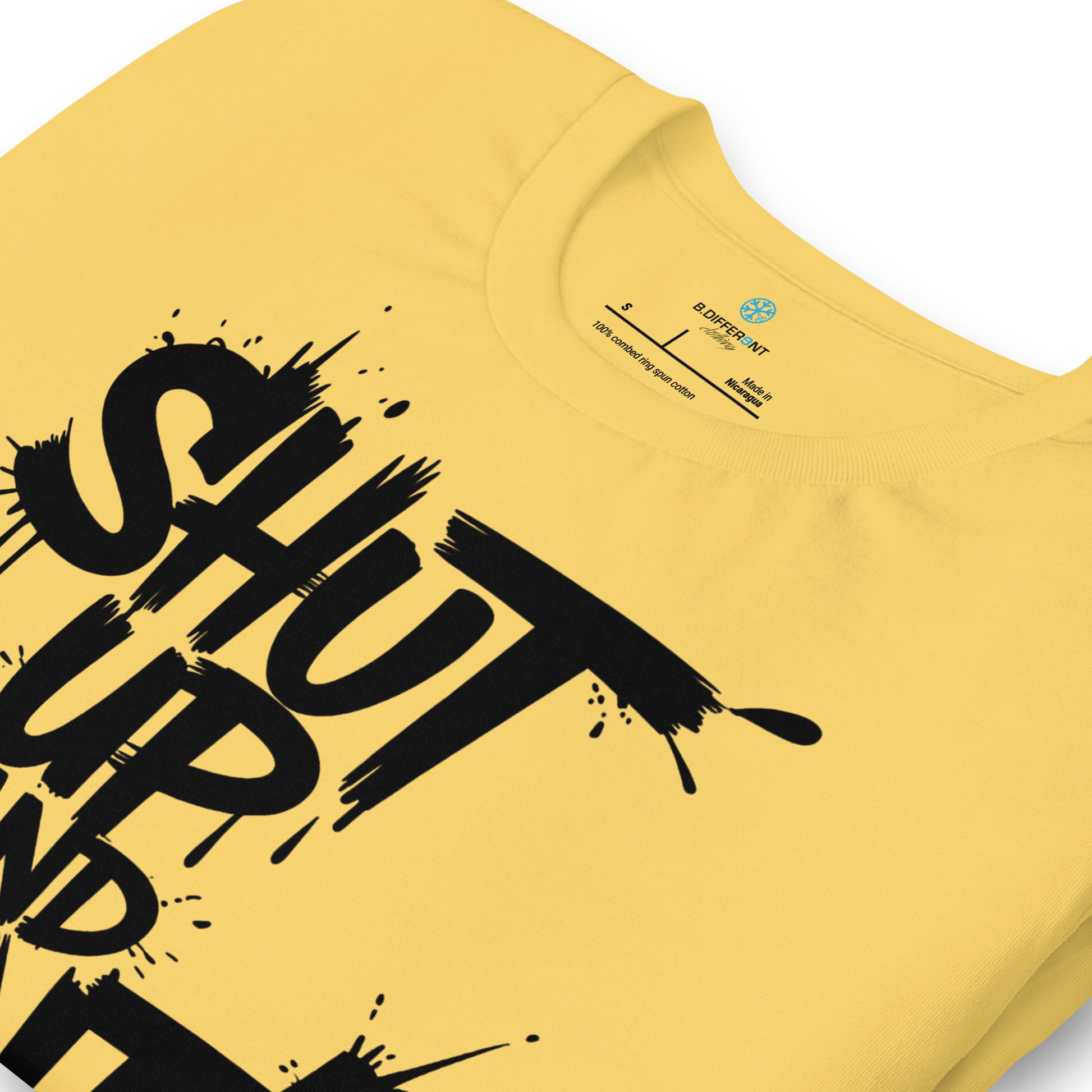 Yellow-Shut Up and Paint Graffiti Tee from B.Different Clothing, detail, graffiti-inspired streetwear t-shirt