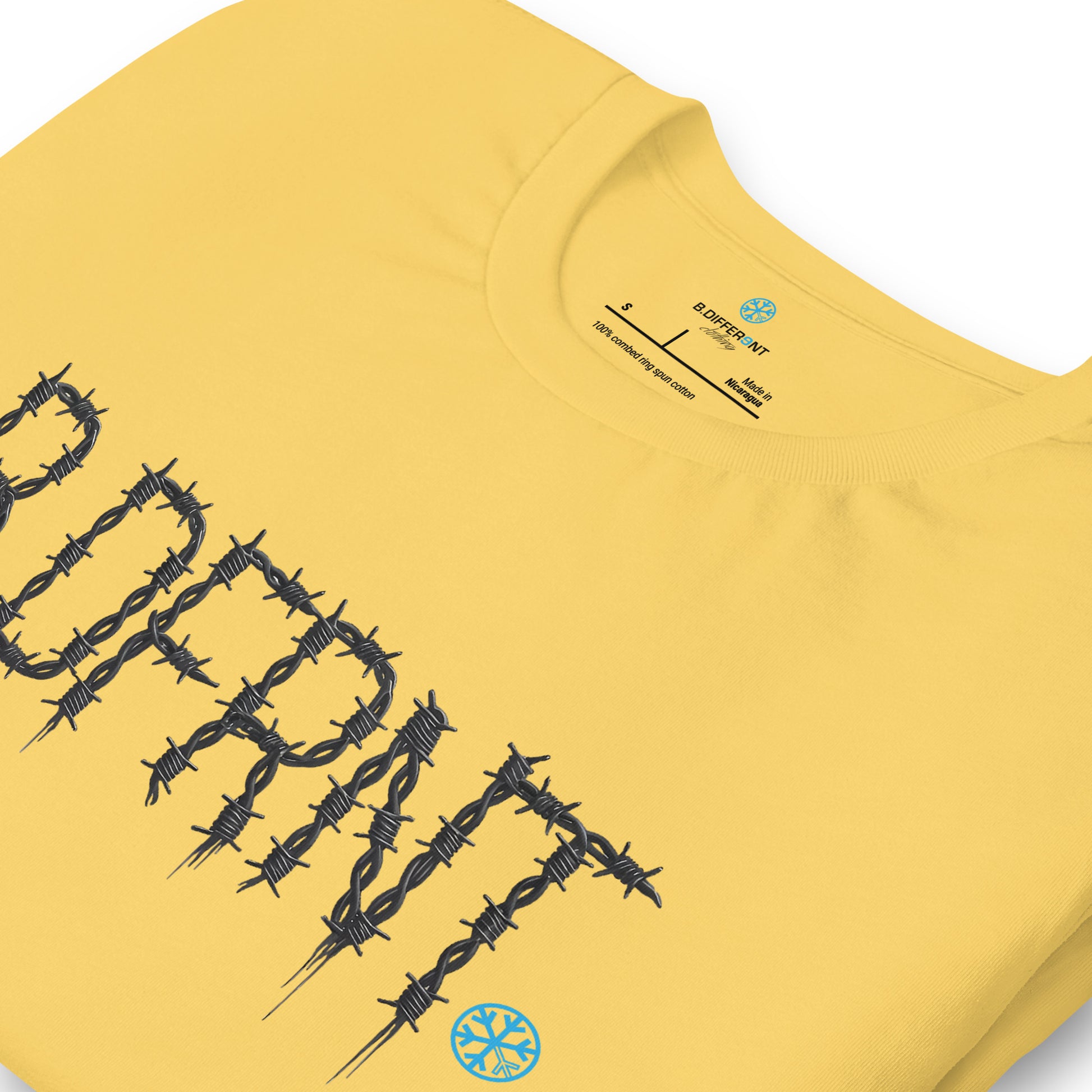Yellow-B.DFRNT Barbed Wire Tee from B.Different Clothing, detail, graffiti-inspired streetwear t-shirt