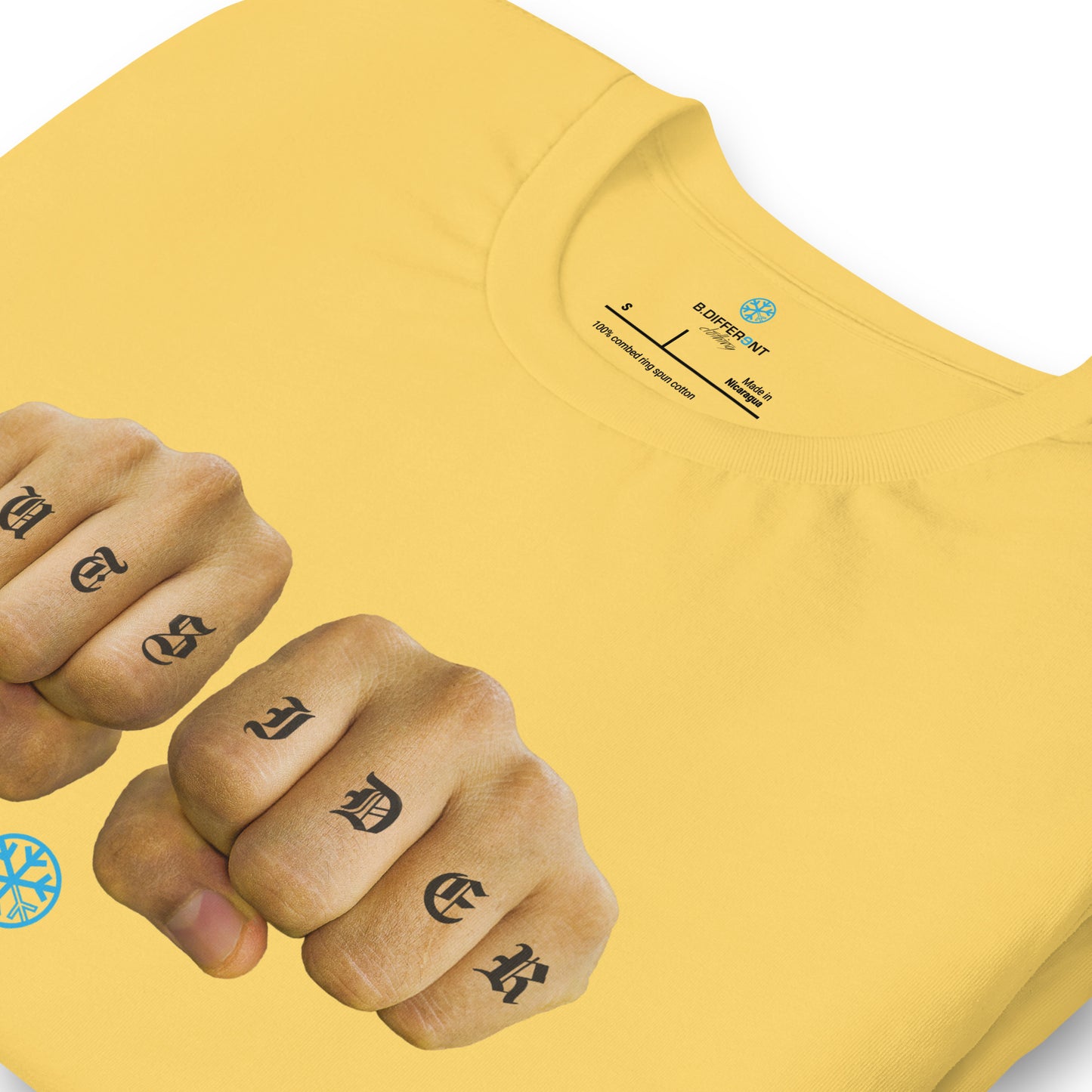 Yellow-Outsider Tattoo Tee from B.Different Clothing, detail, graffiti-inspired streetwear t-shirt