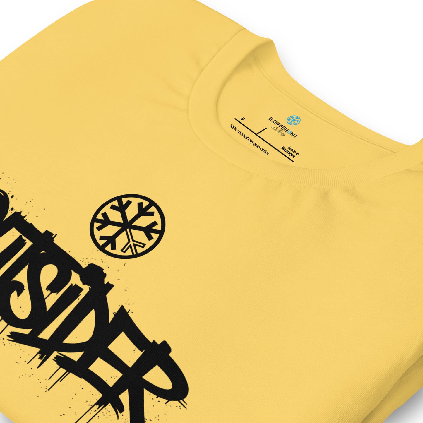 Yellow-Outsider Graffiti Tag Tee from B.Different Clothing, detail, graffiti-inspired streetwear t-shirt