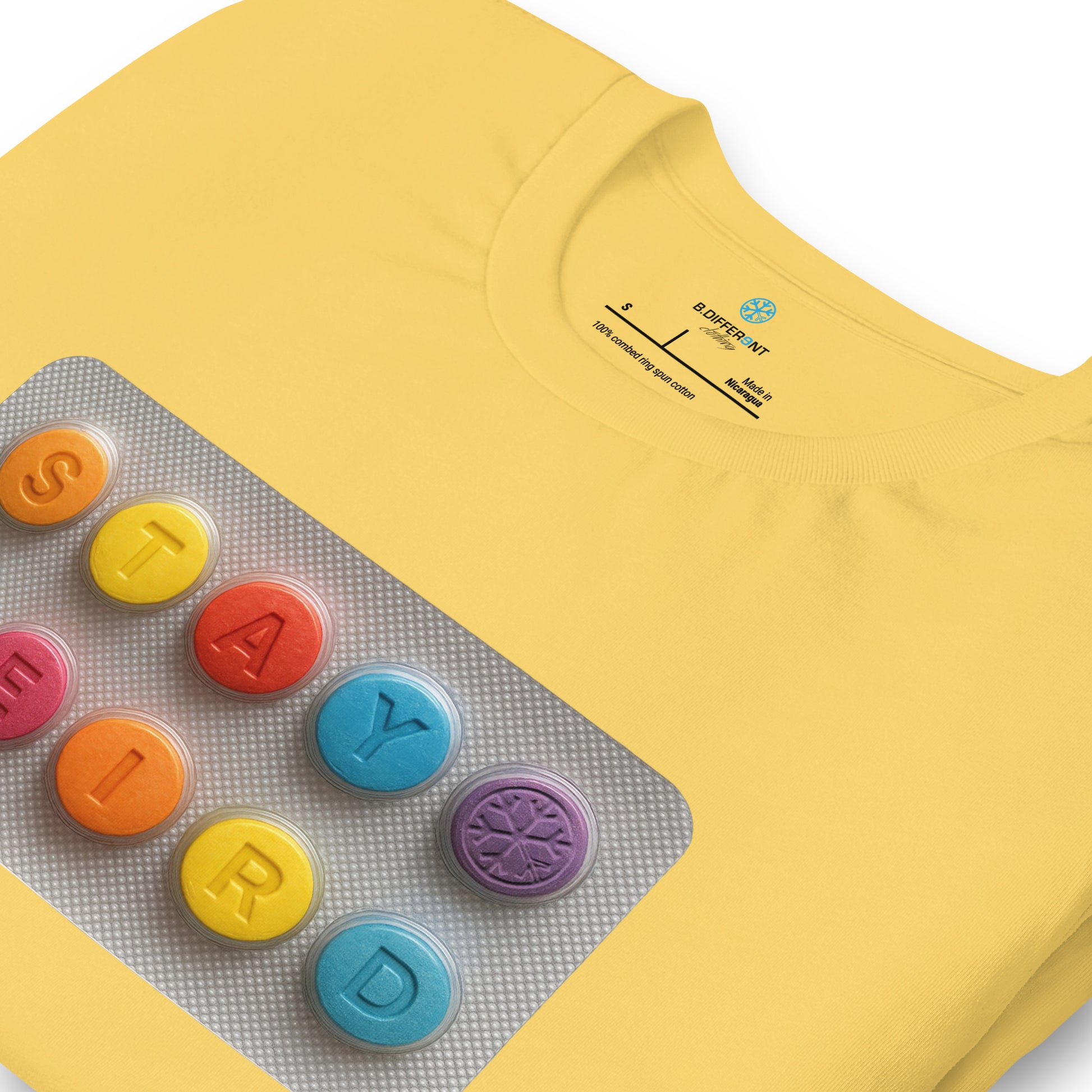 Yellow-Stay Weird Pills Tee from B.Different Clothing, detail, graffiti-inspired streetwear t-shirt