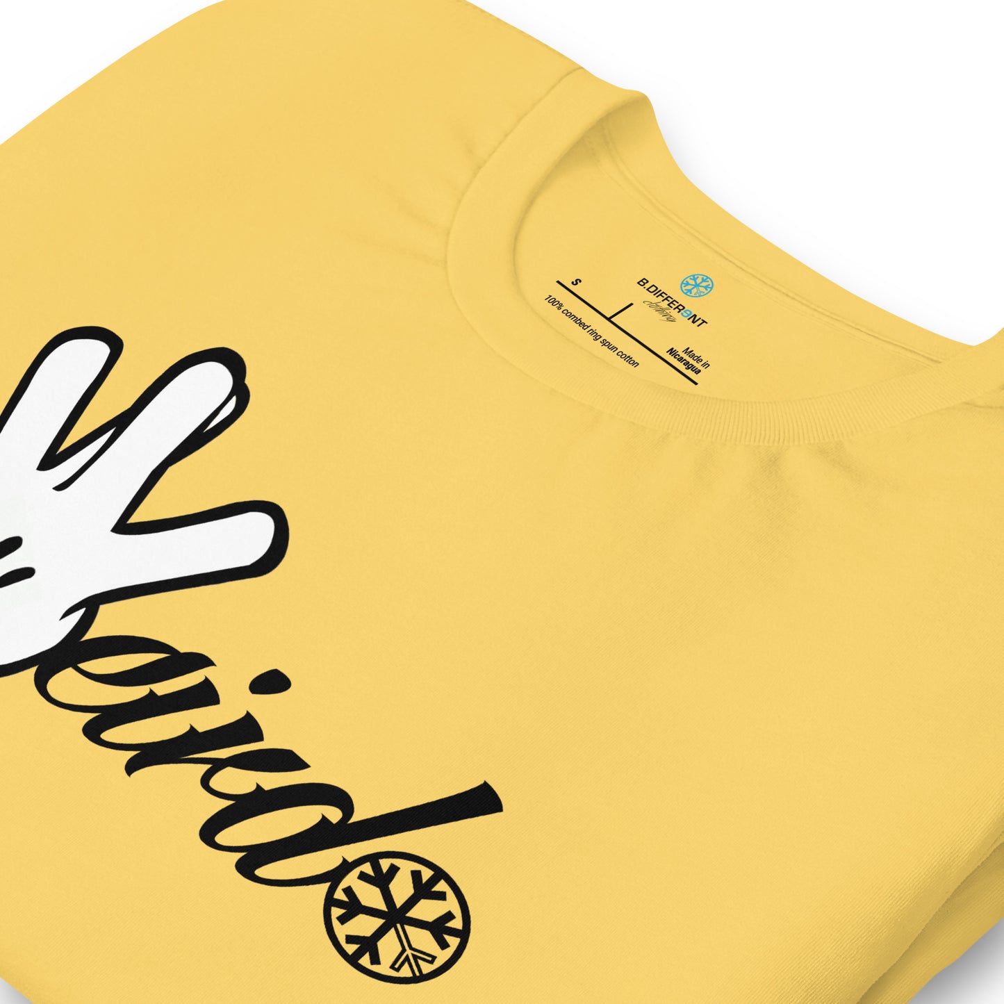 Yellow-Weirdo Hand Sign Tee from B.Different Clothing, detail, graffiti-inspired streetwear t-shirt