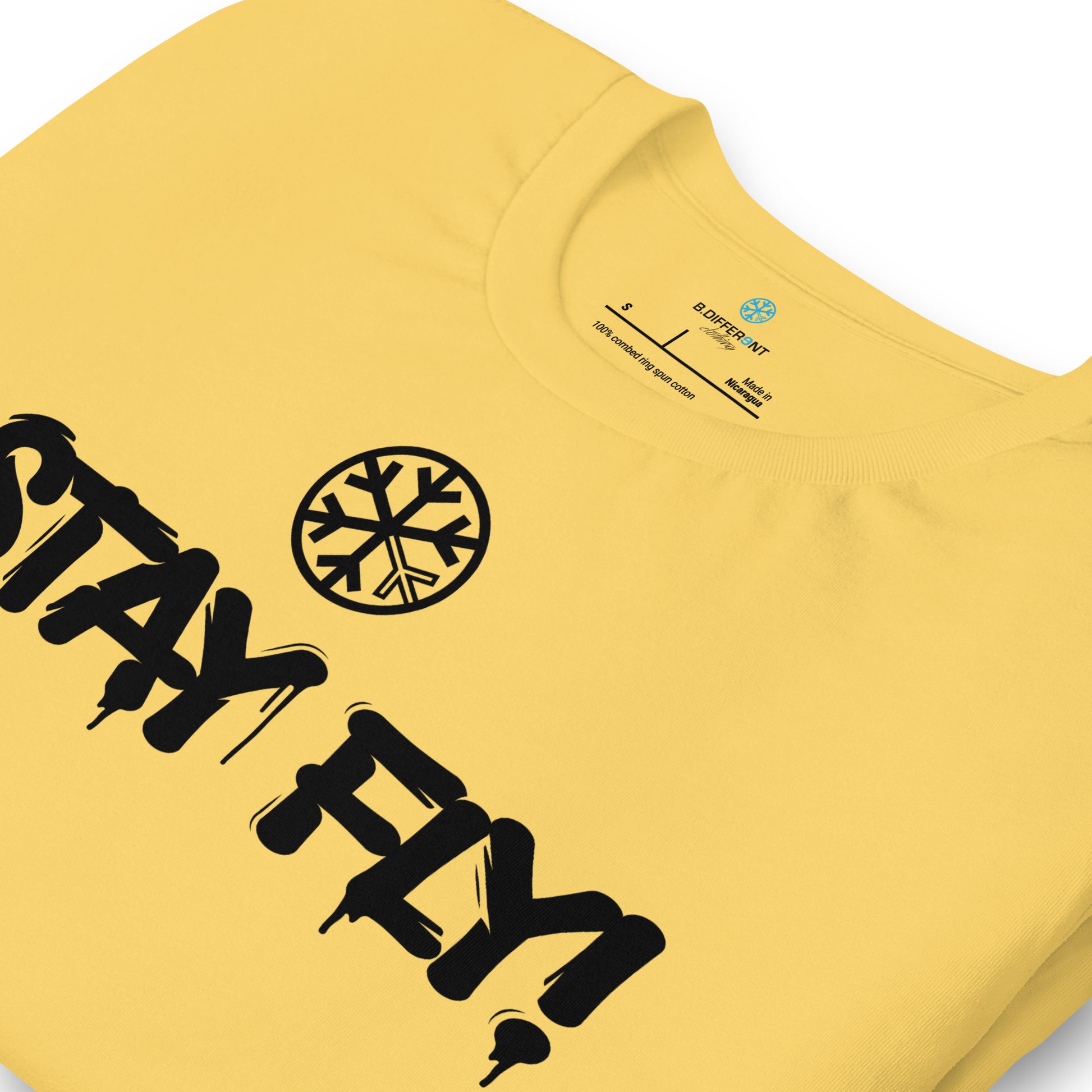 Yellow-Stay Fly Graffiti Tag Tee from B.Different Clothing, detail, graffiti-inspired streetwear t-shirt