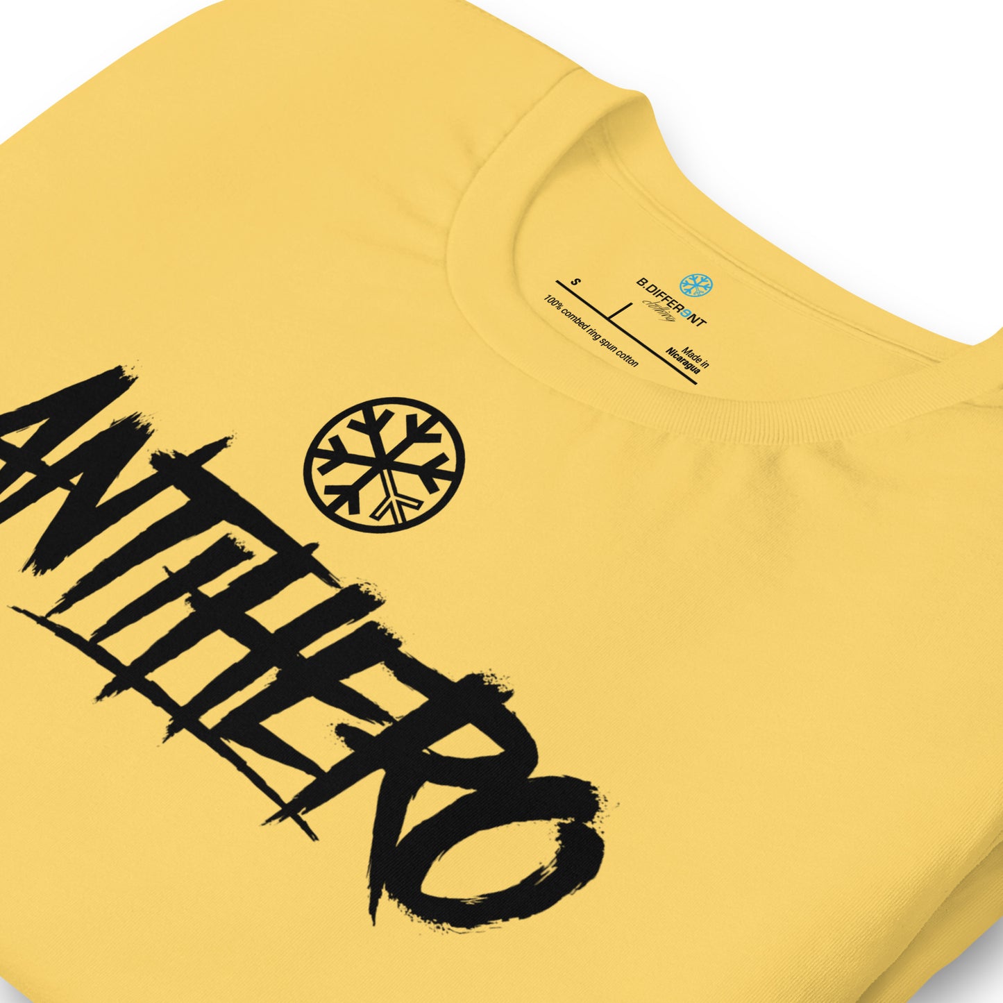 Yellow-Antihero Graffiti Tag Tee from B.Different Clothing, detail, graffiti-inspired streetwear t-shirt