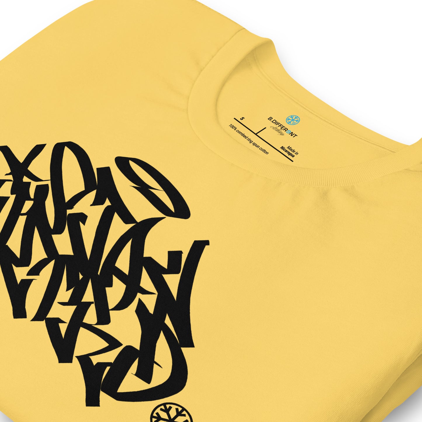 Yellow-Stay Weird Graffiti Tag Tee from B.Different Clothing, detail, graffiti-inspired streetwear t-shirt