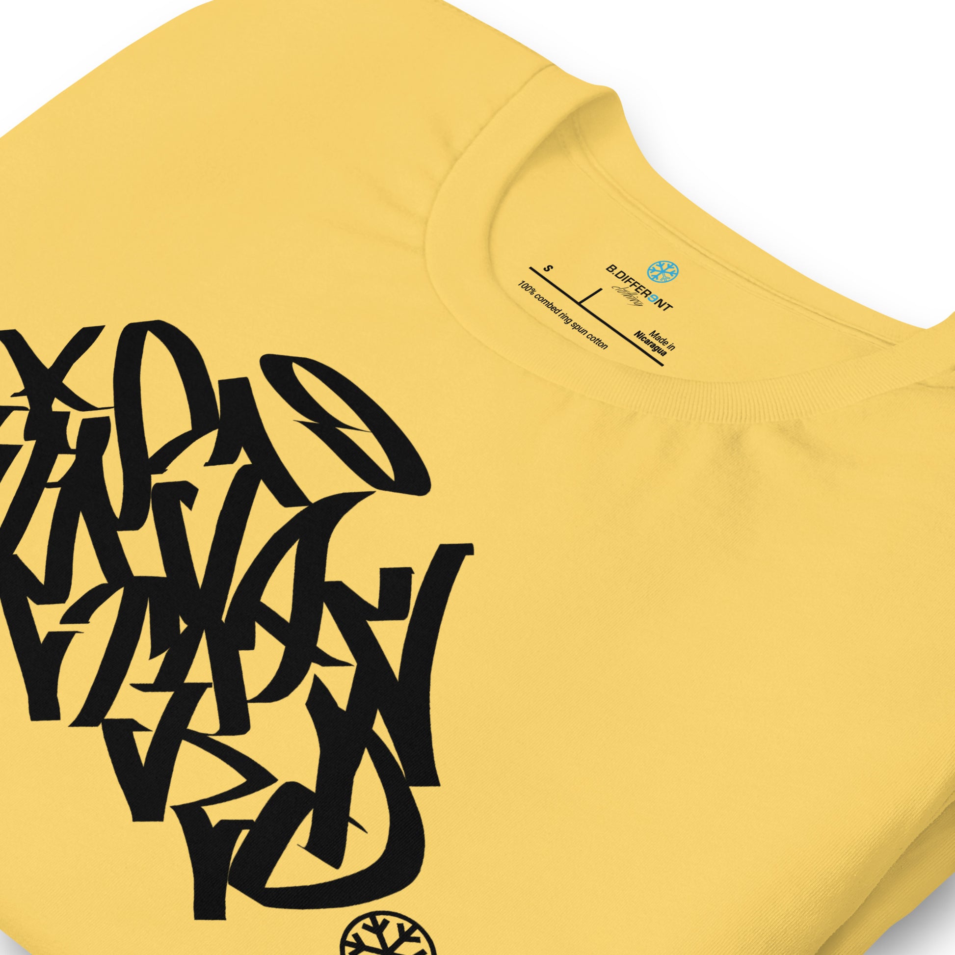 Yellow-Stay Weird Graffiti Tag Tee from B.Different Clothing, detail, graffiti-inspired streetwear t-shirt