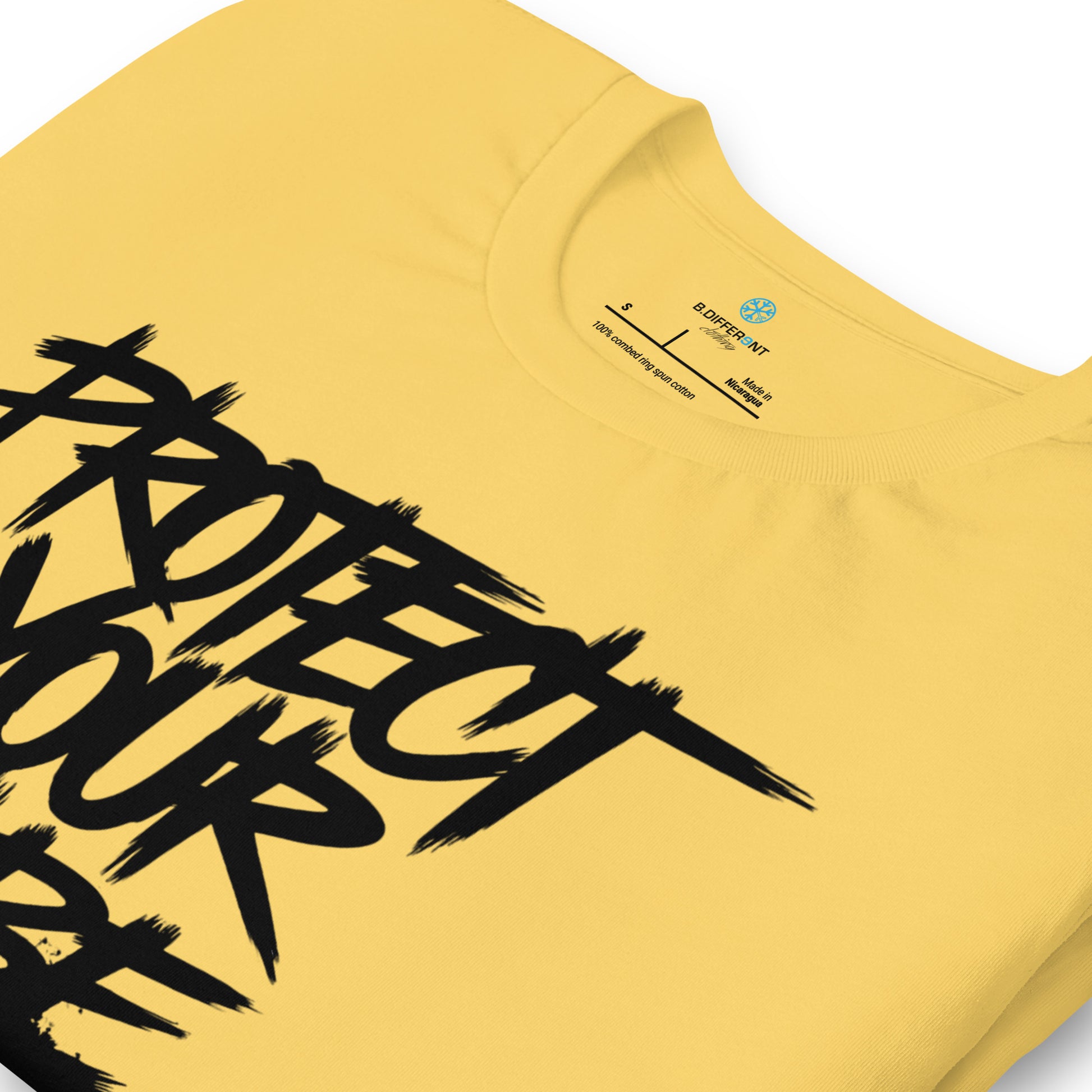 Yellow-Protect Your Vibe Graffiti Tag Tee from B.Different Clothing, detail, graffiti-inspired streetwear t-shirt