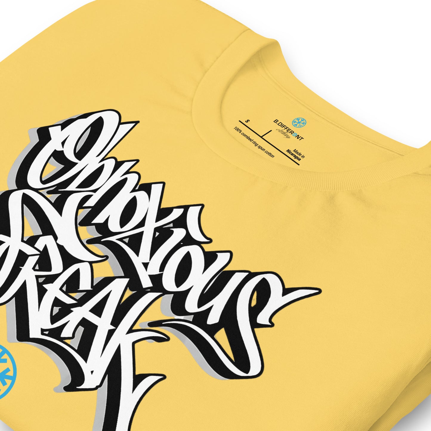 Yellow-Obnoxious Freak Graffiti Tee from B.Different Clothing, detail, graffiti-inspired streetwear t-shirt