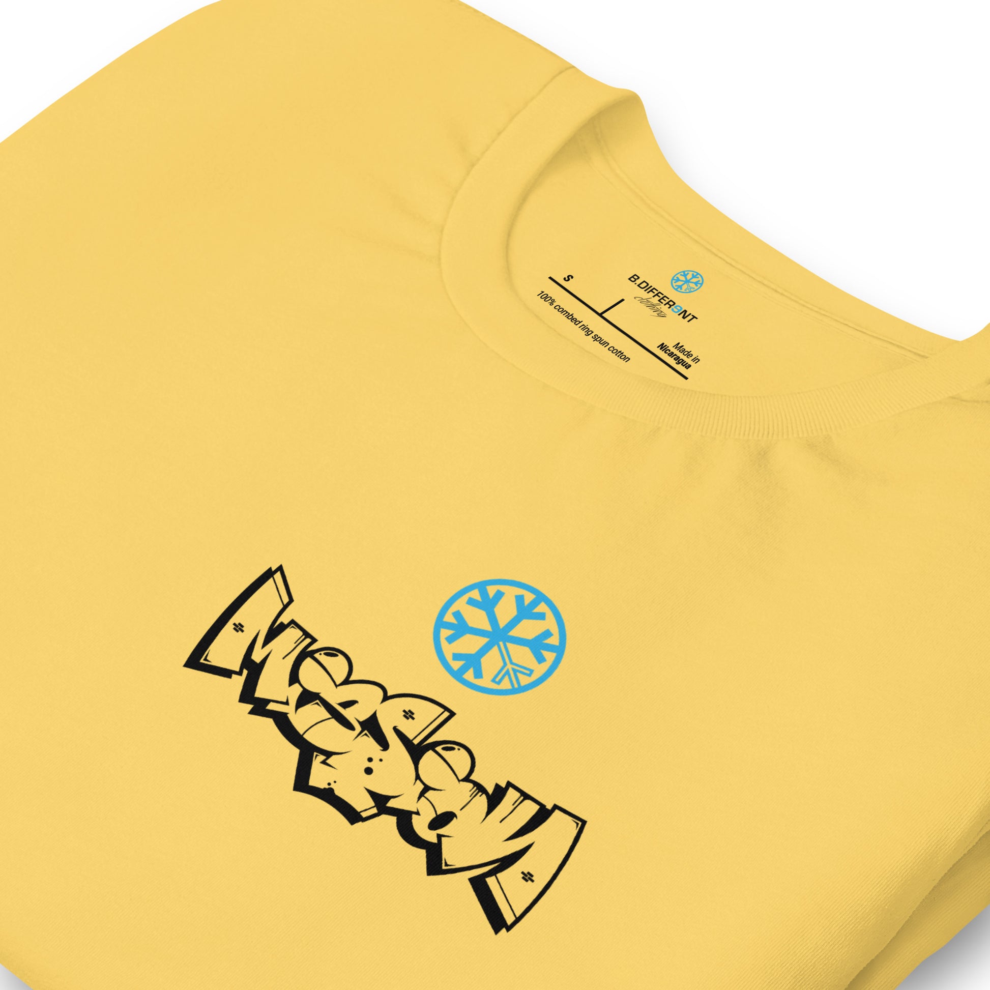 Yellow-Mission Graffiti Character Tee from B.Different Clothing, detail, graffiti-inspired streetwear t-shirt