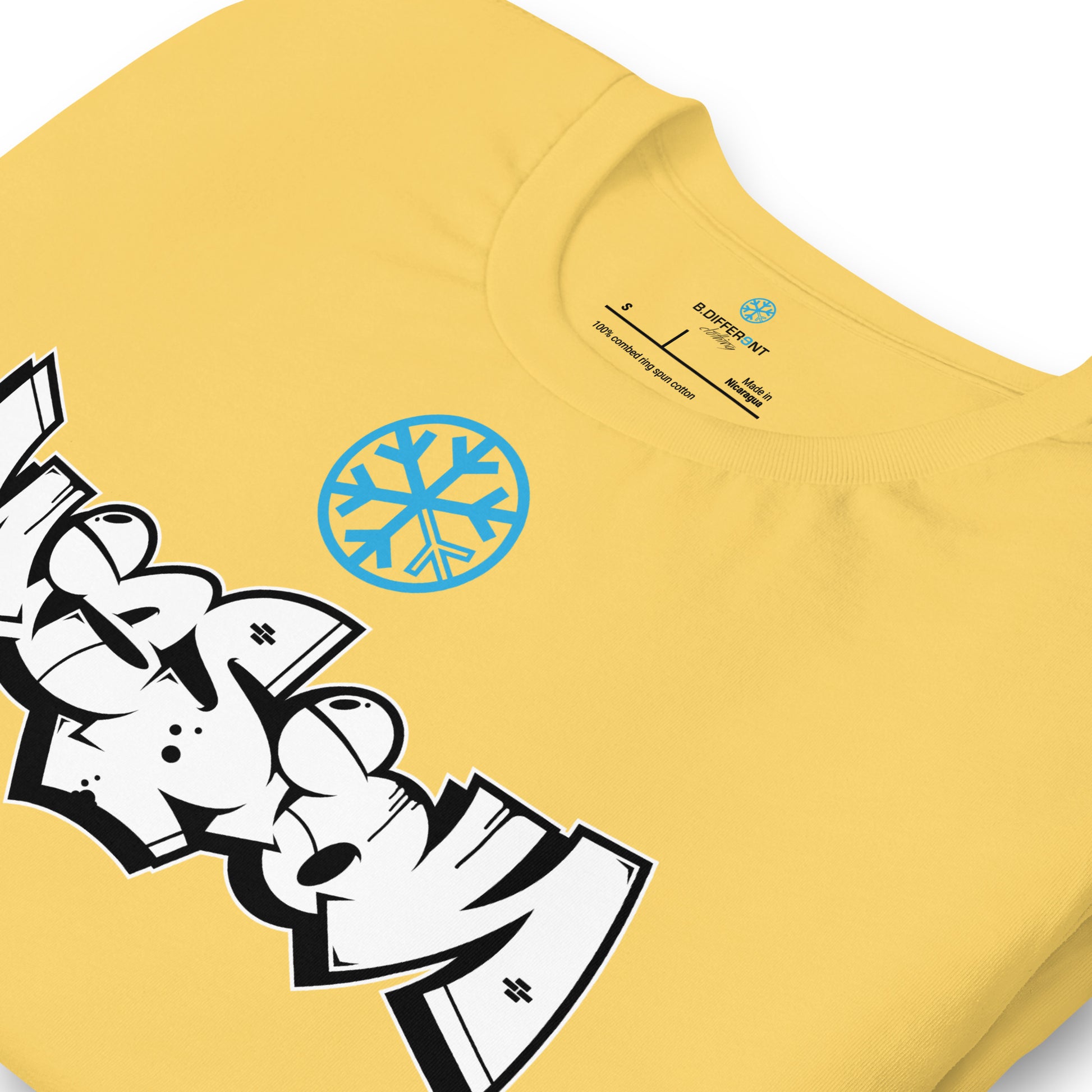 Yellow-Mission Graffiti Piece Tee from B.Different Clothing, detail, graffiti-inspired streetwear t-shirt