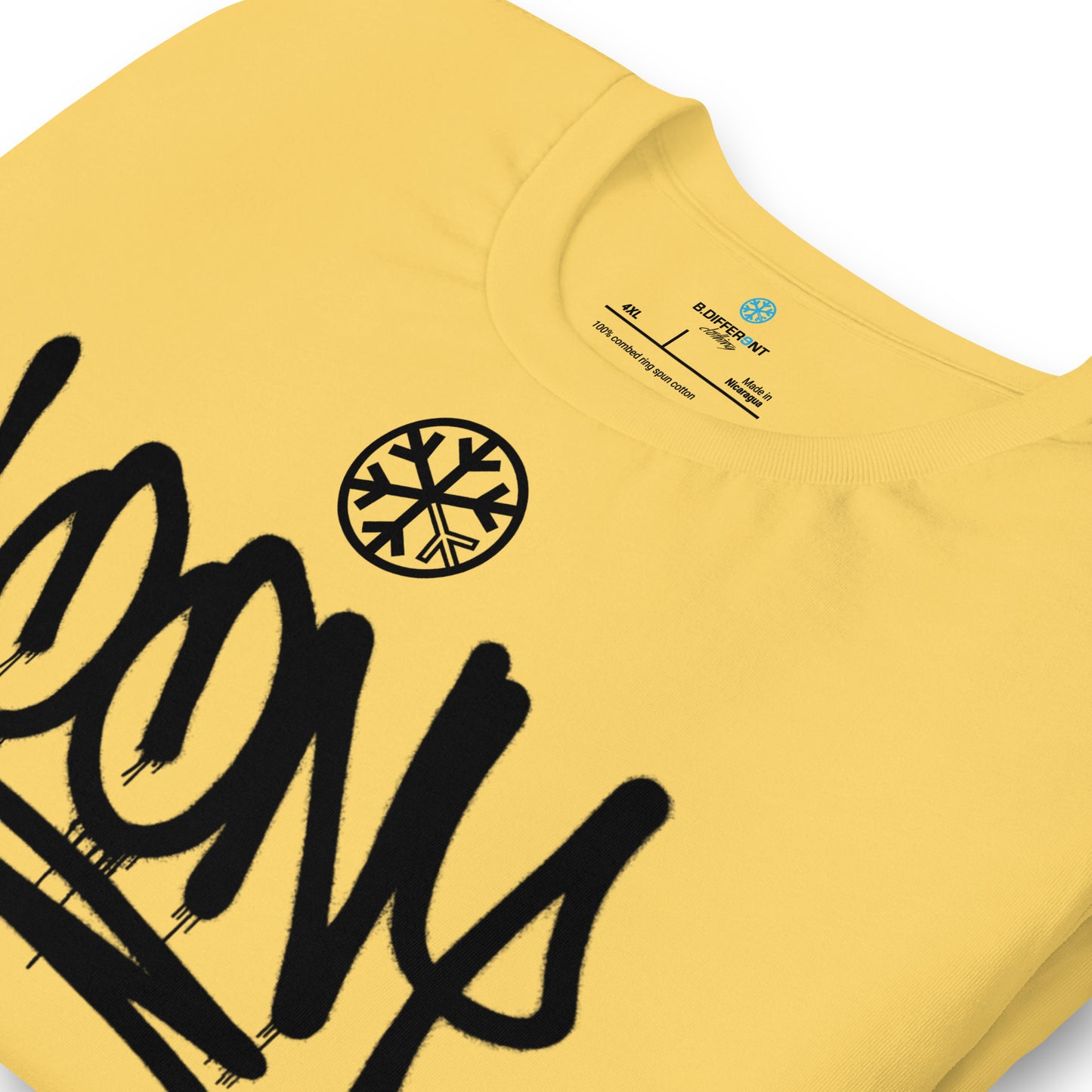 Yellow-Loony Graffiti Tag Tee from B.Different Clothing, detail, graffiti-inspired streetwear t-shirt