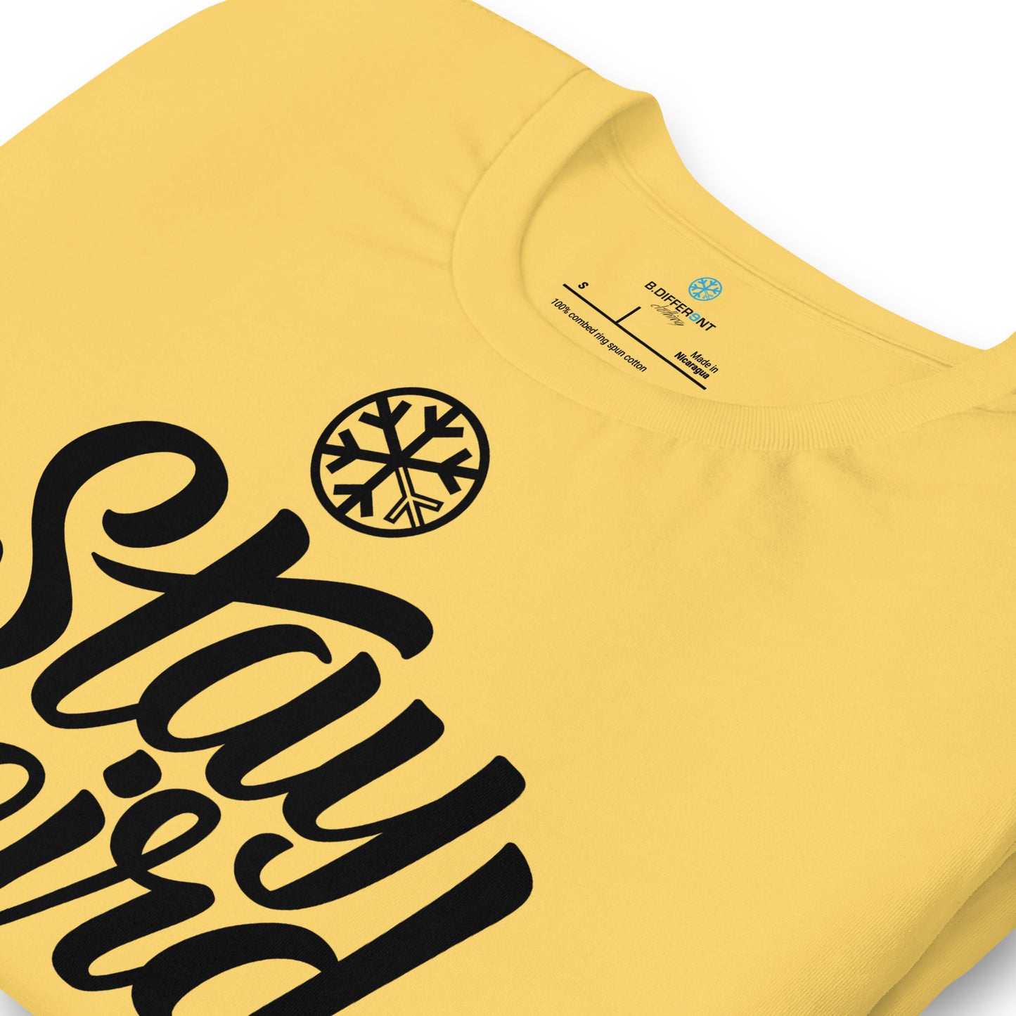 Yellow-Stay Weird Tee from B.Different Clothing, detail, graffiti-inspired streetwear t-shirt