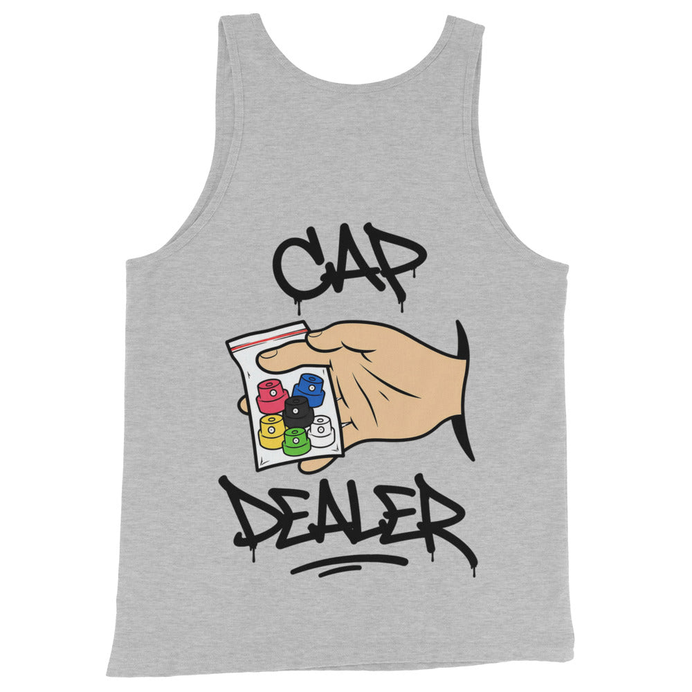 Gray-Cap Dealer Graffiti Tank Top from B.Different Clothing, back view, graffiti-inspired streetwear