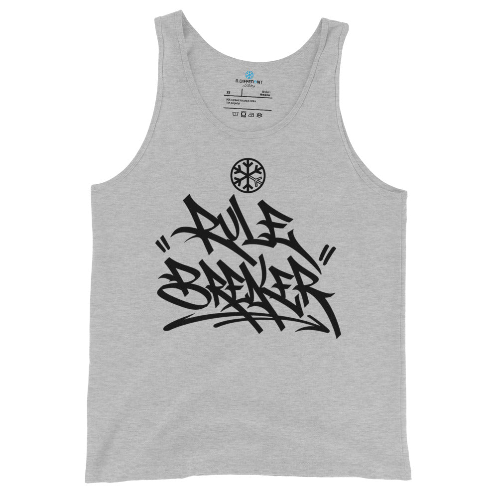 Gray-Rule Breaker Graffiti Tag Tank Top from B.Different Clothing, front view, graffiti-inspired streetwear