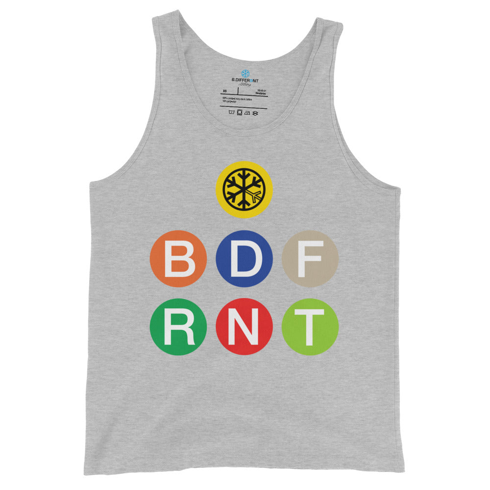 Gray-BDFRNT NYC Subway Tank Top from B.Different Clothing, front view, graffiti-inspired streetwear