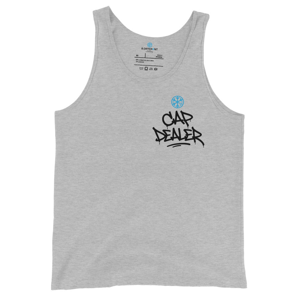 Gray-Cap Dealer Graffiti Tank Top from B.Different Clothing, front view, graffiti-inspired streetwear