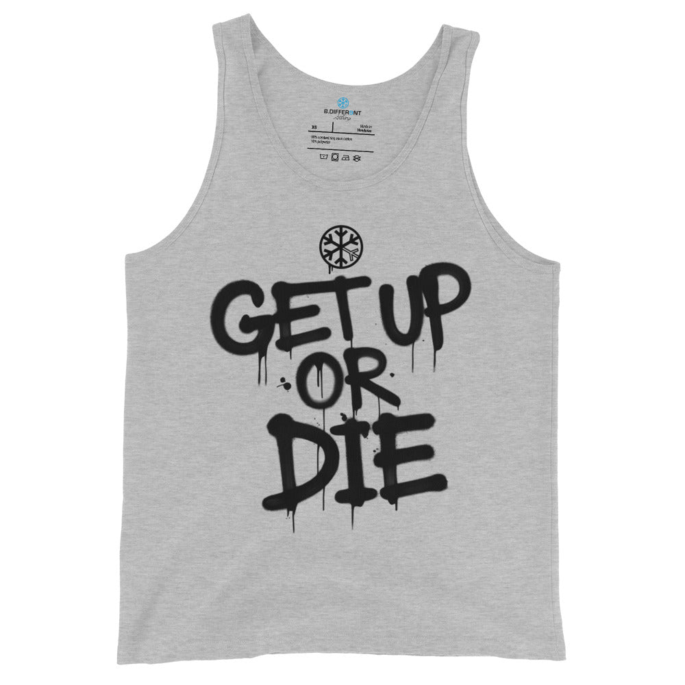 Gray-Get Up or Die Graffiti Tag Tank Top from B.Different Clothing, front view, graffiti-inspired streetwear