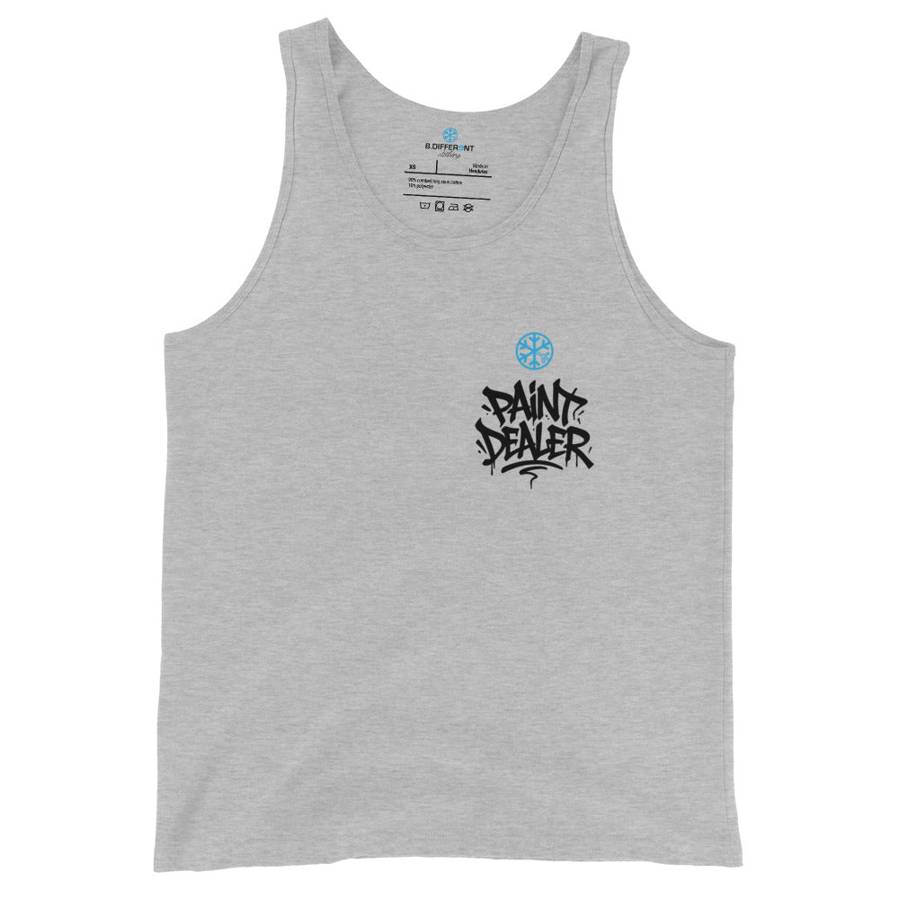 Gray-Paint Dealer Graffiti Character Tank Top from B.Different Clothing, front view, graffiti-inspired streetwear