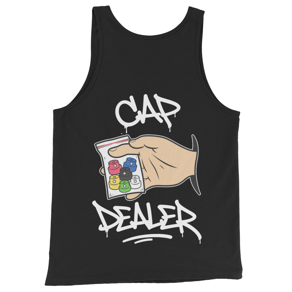 Black-Cap Dealer Graffiti Tank Top from B.Different Clothing, back view, graffiti-inspired streetwear