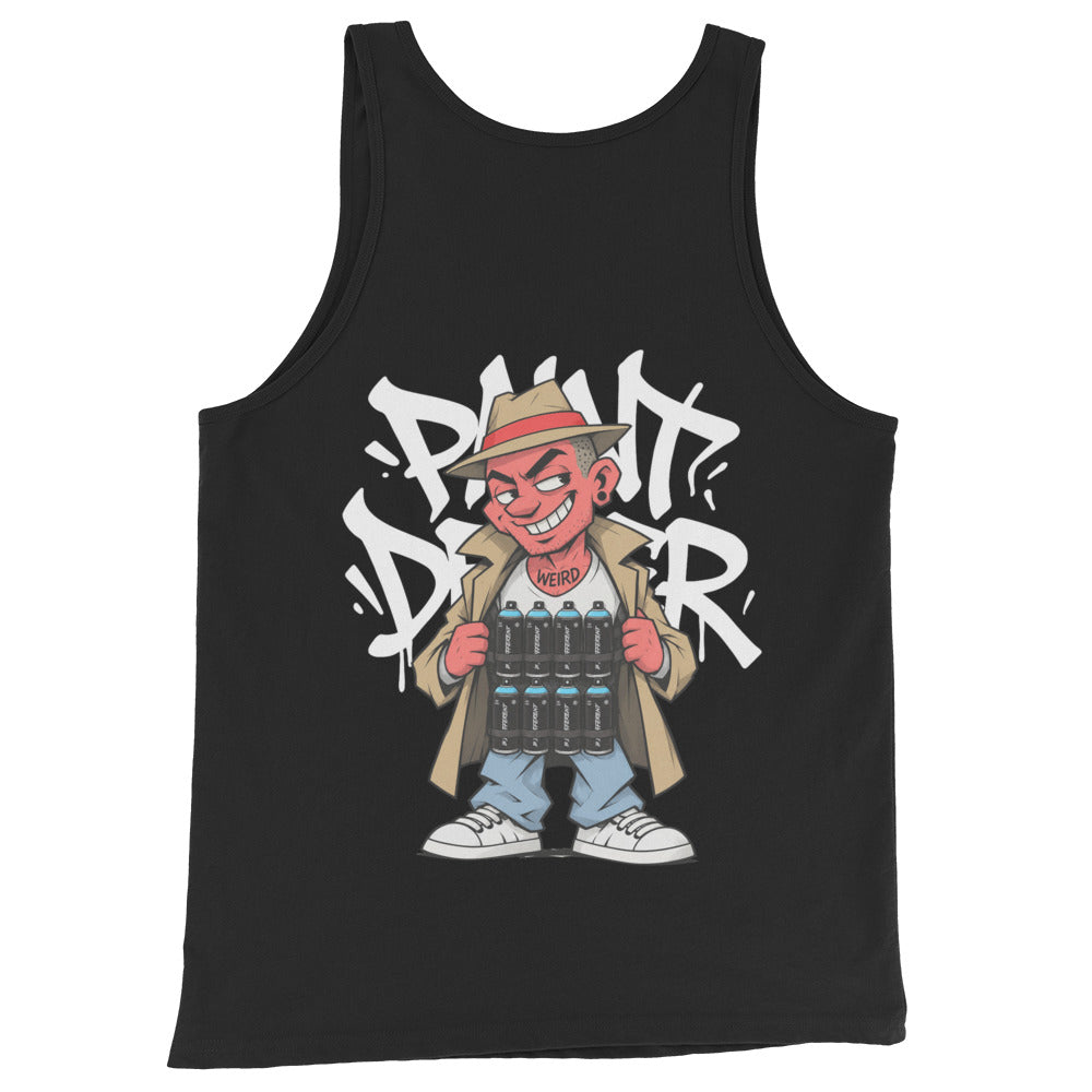 Black-Paint Dealer Graffiti Character Tank Top from B.Different Clothing, back view, graffiti-inspired streetwear