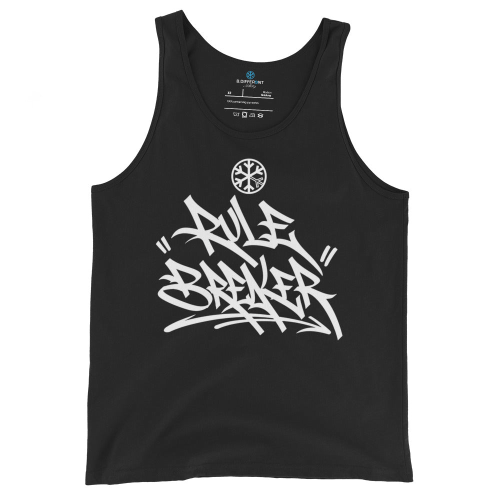 Black-Rule Breaker Graffiti Tag Tank Top from B.Different Clothing, front view, graffiti-inspired streetwear