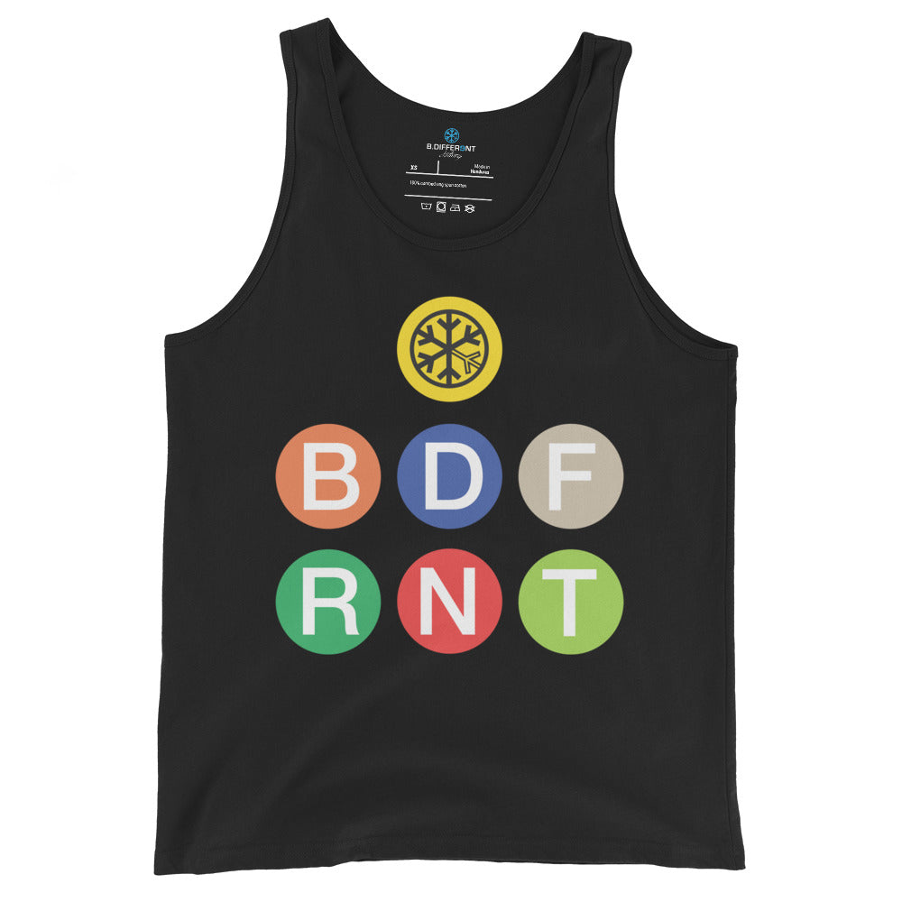 Black-BDFRNT NYC Subway Tank Top from B.Different Clothing, front view, graffiti-inspired streetwear