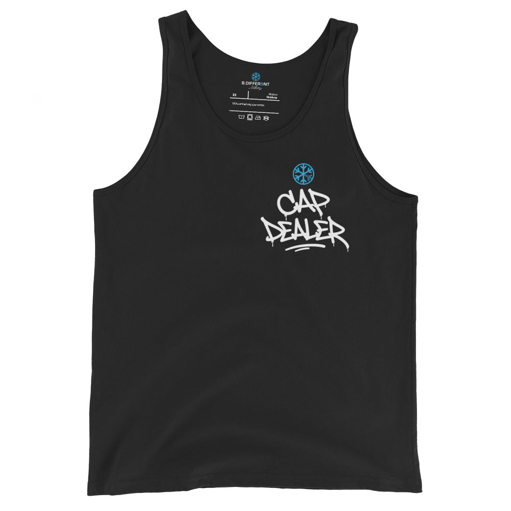 Black-Cap Dealer Graffiti Tank Top from B.Different Clothing, front view, graffiti-inspired streetwear