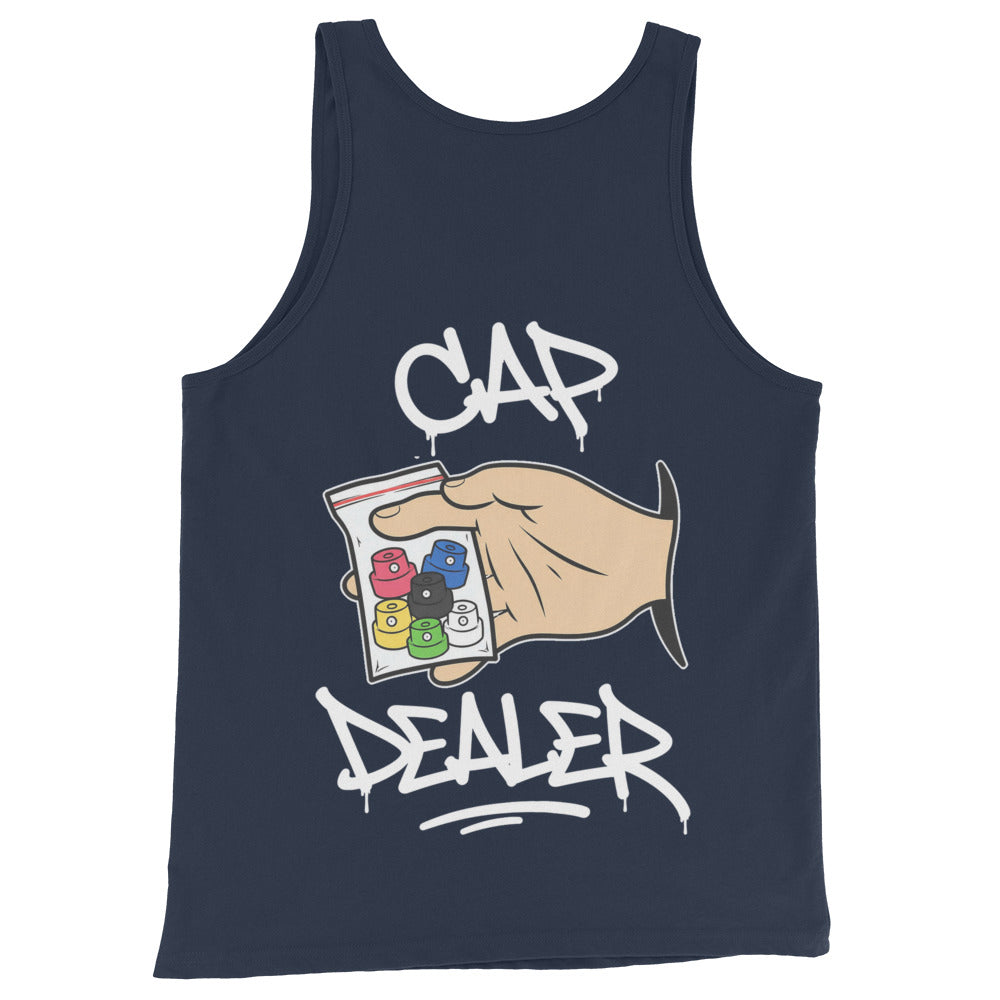 Navy-Cap Dealer Graffiti Tank Top from B.Different Clothing, back view, graffiti-inspired streetwear