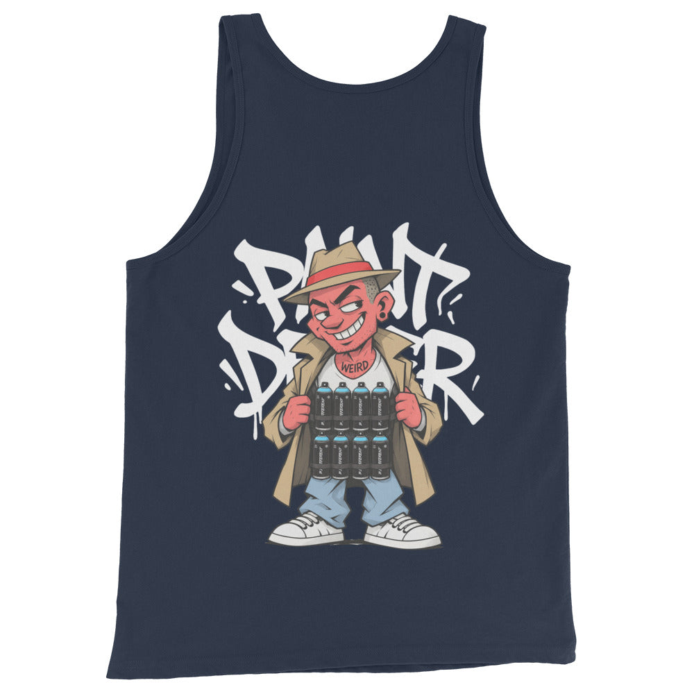 Navy-Paint Dealer Graffiti Character Tank Top from B.Different Clothing, back view, graffiti-inspired streetwear