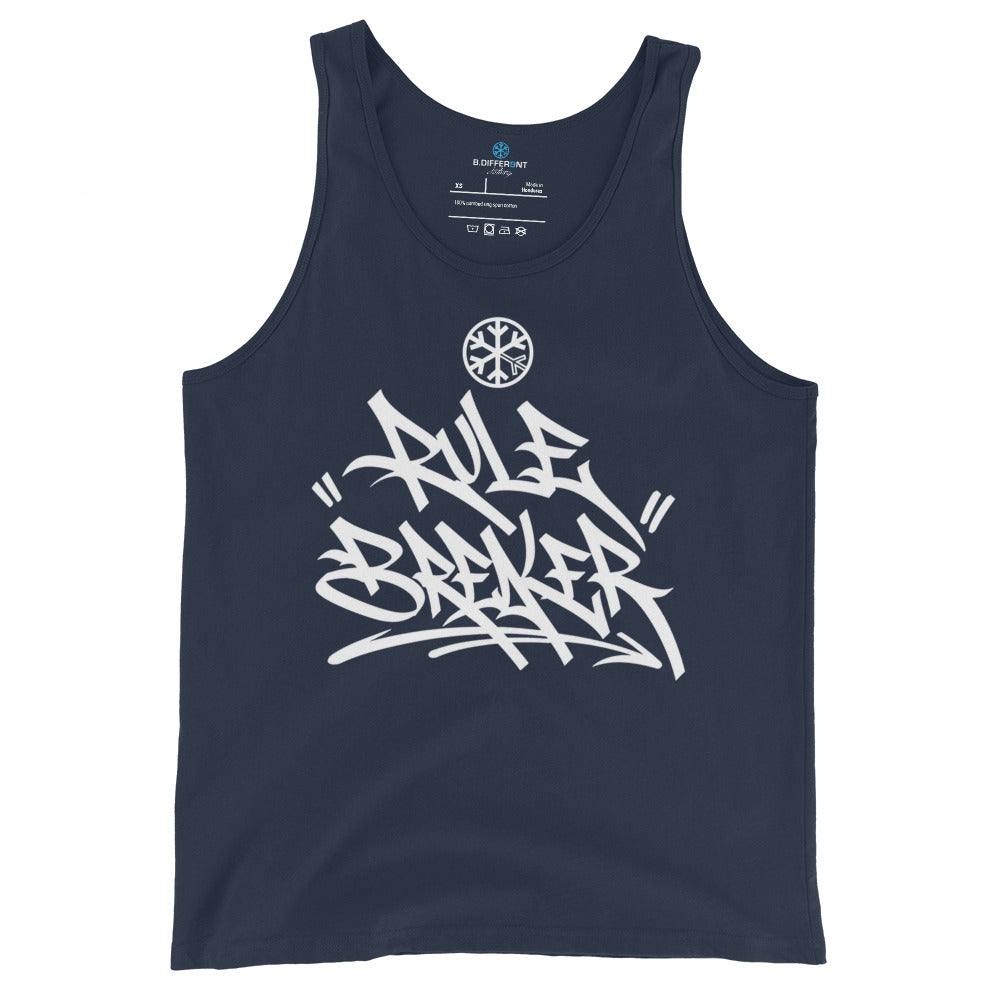 Navy-Rule Breaker Graffiti Tag Tank Top from B.Different Clothing, front view, graffiti-inspired streetwear