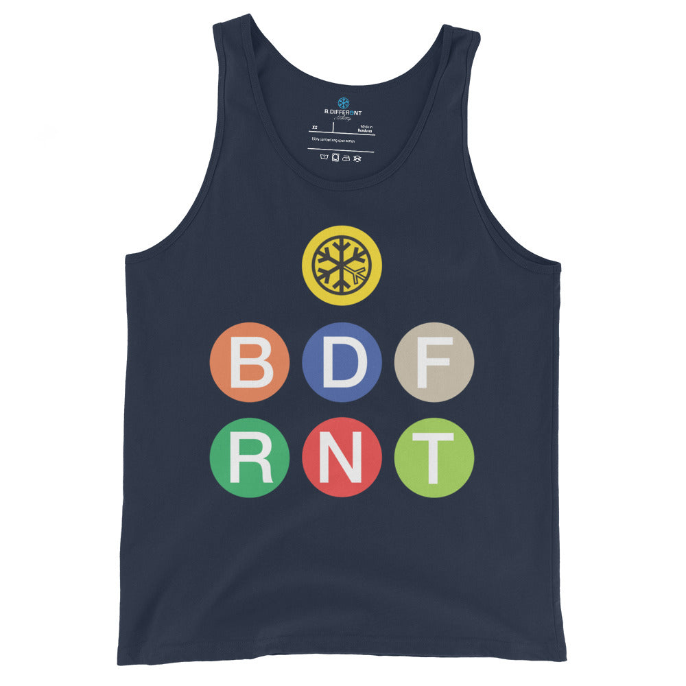 Navy-BDFRNT NYC Subway Tank Top from B.Different Clothing, front view, graffiti-inspired streetwear