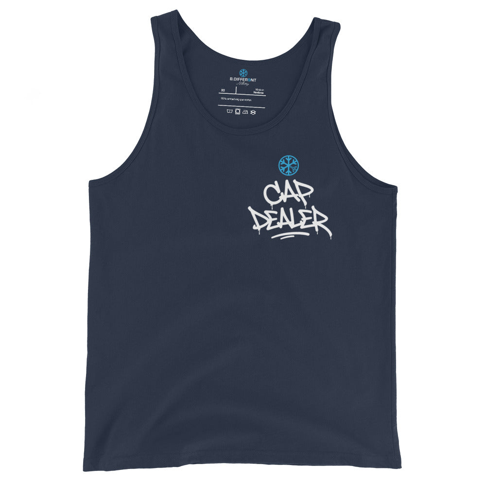 Navy-Cap Dealer Graffiti Tank Top from B.Different Clothing, front view, graffiti-inspired streetwear