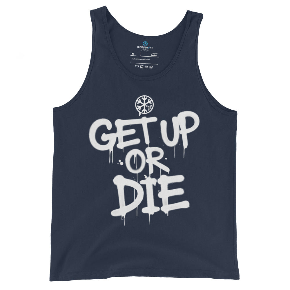 Navy-Get Up or Die Graffiti Tag Tank Top from B.Different Clothing, front view, graffiti-inspired streetwear