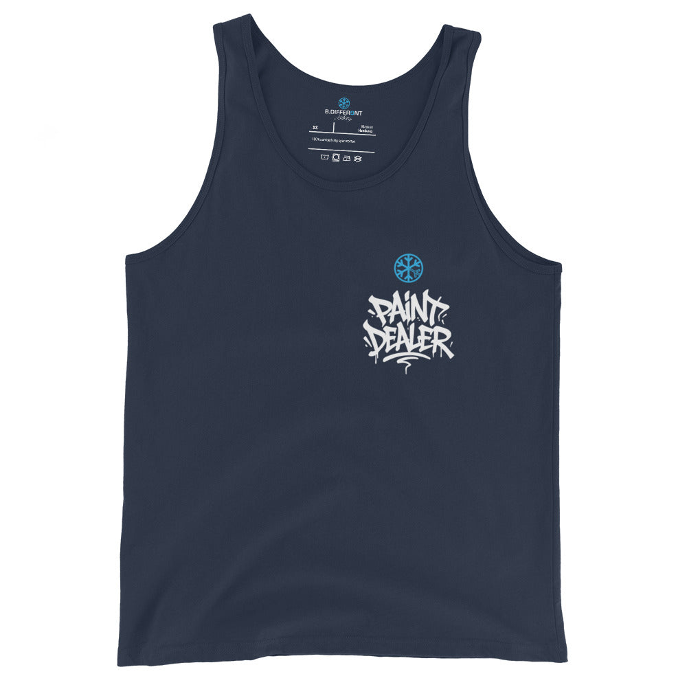 Navy-Paint Dealer Graffiti Character Tank Top from B.Different Clothing, front view, graffiti-inspired streetwear