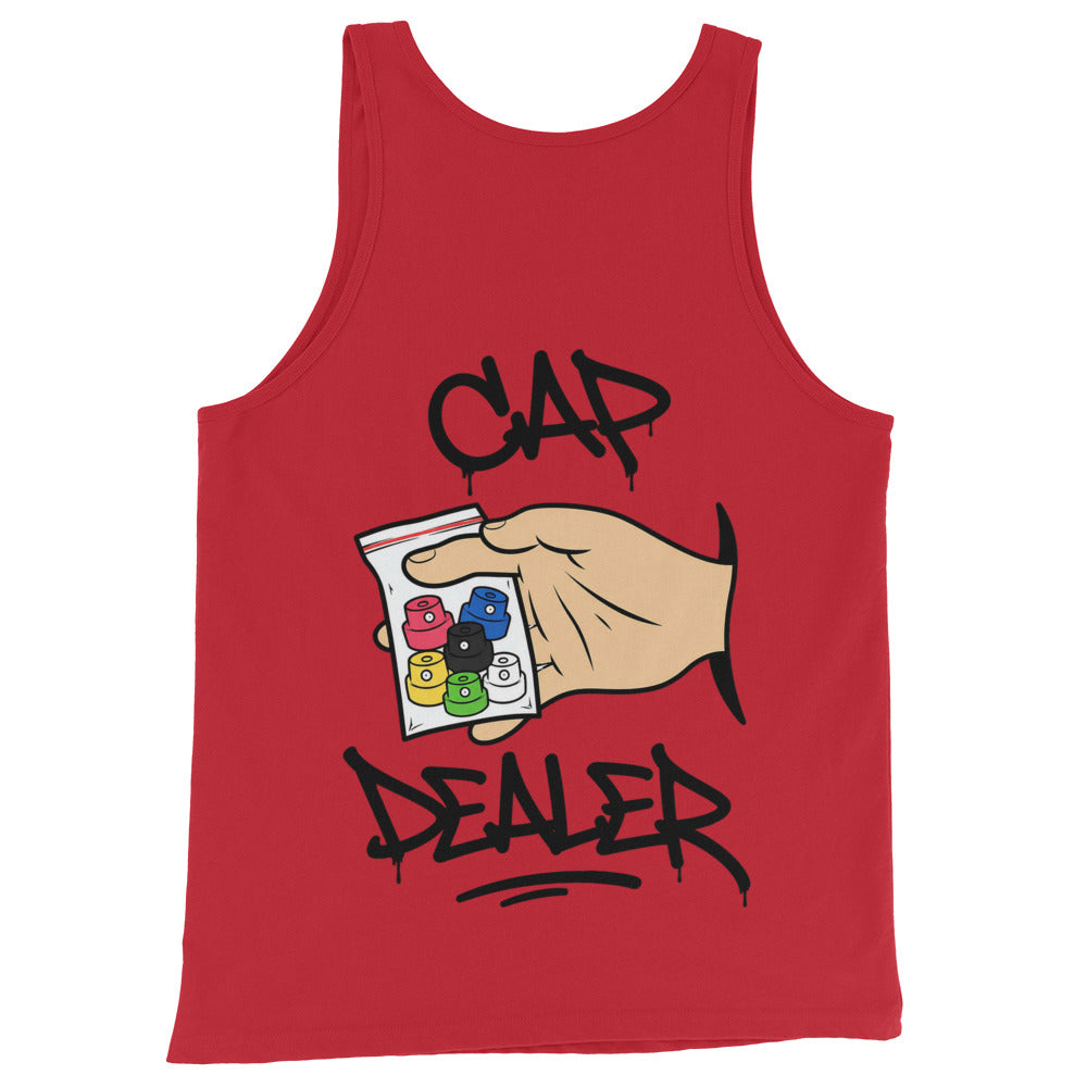Red-Cap Dealer Graffiti Tank Top from B.Different Clothing, back view, graffiti-inspired streetwear