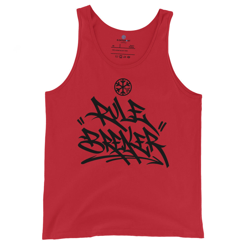 Red-Rule Breaker Graffiti Tag Tank Top from B.Different Clothing, front view, graffiti-inspired streetwear
