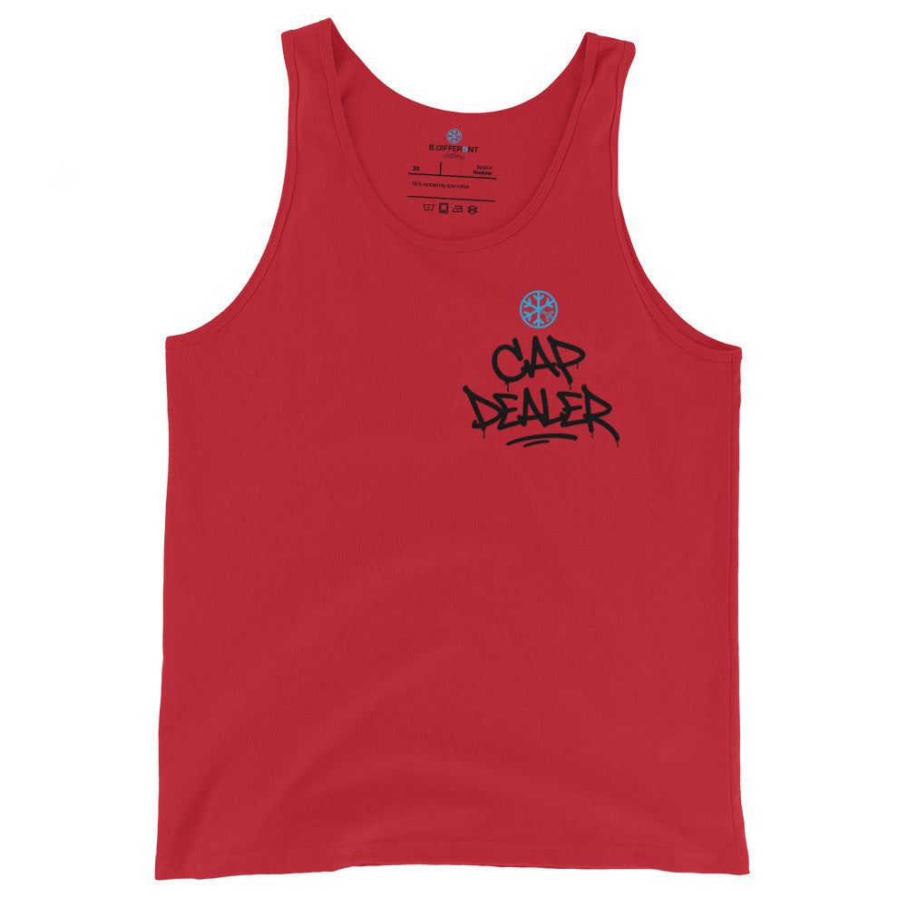 Red-Cap Dealer Graffiti Tank Top from B.Different Clothing, front view, graffiti-inspired streetwear