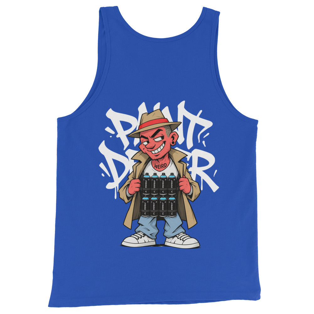 Blue-Paint Dealer Graffiti Character Tank Top from B.Different Clothing, back view, graffiti-inspired streetwear